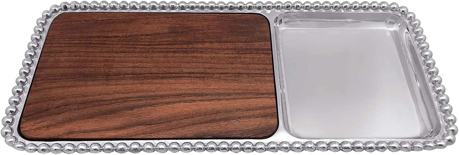 MARIPOSA Pearled Cheese and Cracker Server with Dark Wood Insert, Silver