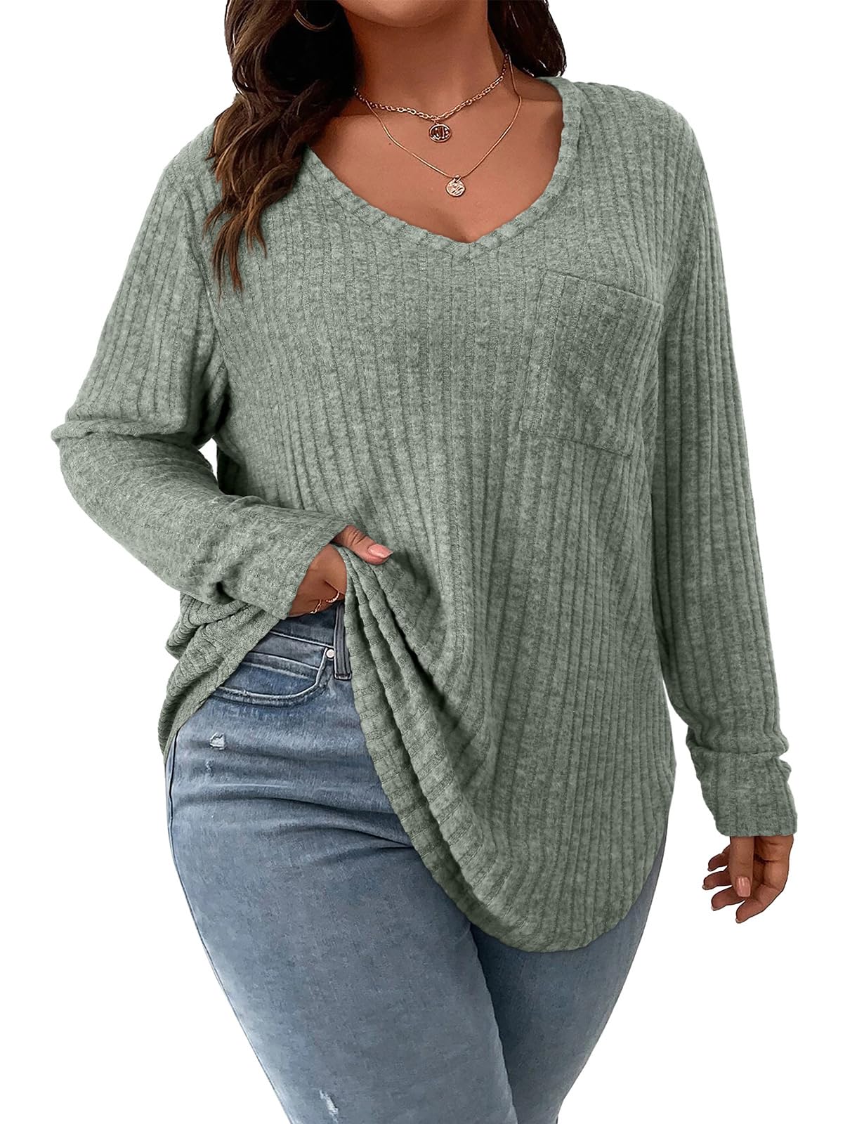 Koscacy Women Plus Size Casual Knit Sweater with Pocket V Neck Solid Color Tops Lightweight Long Sleeve Blouses