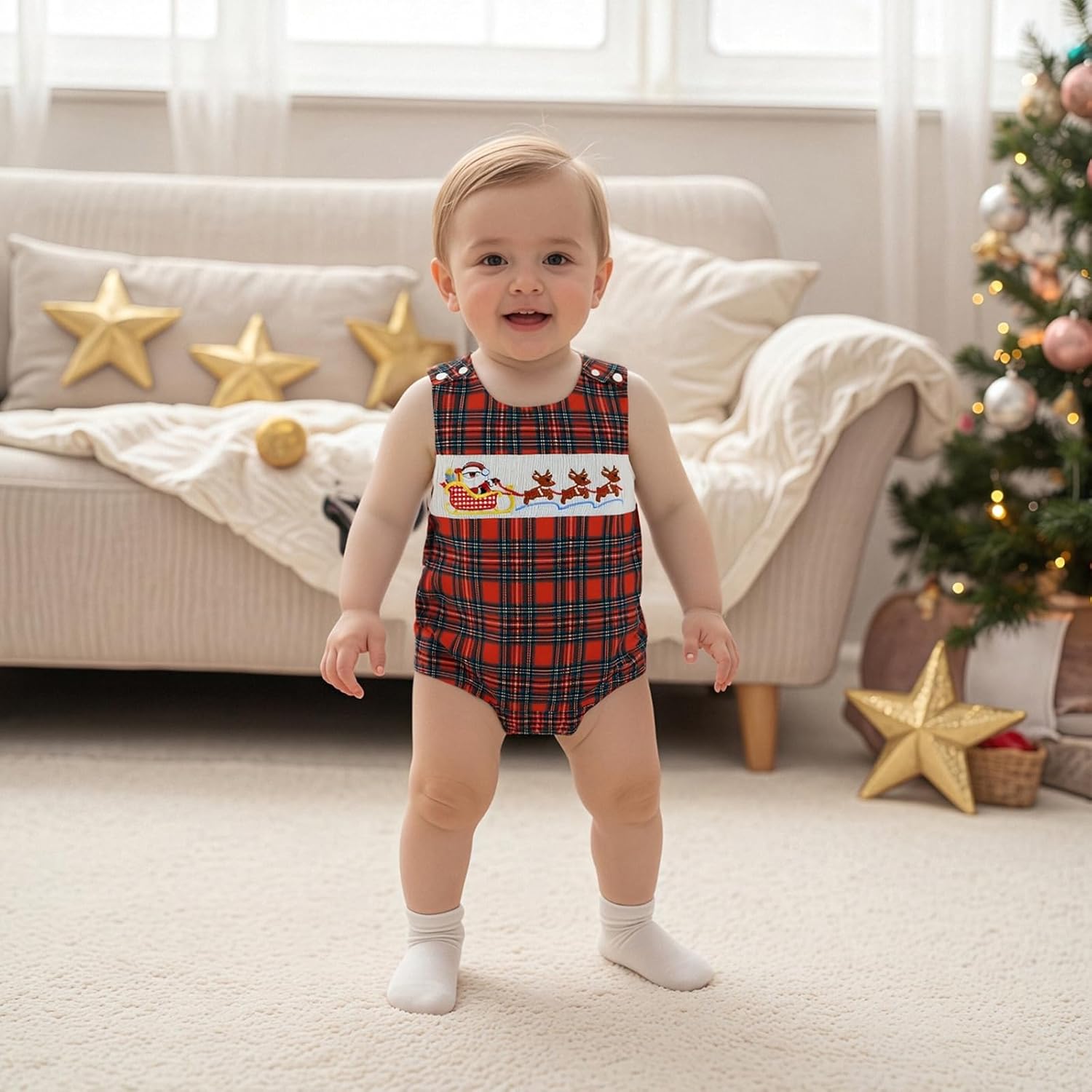 Newborn Baby Boy Christmas Outfit Embroiderey Sleeveless Smocked Bubble Romper Plaid Bodysuit Infant Winter Clothes - Image 3