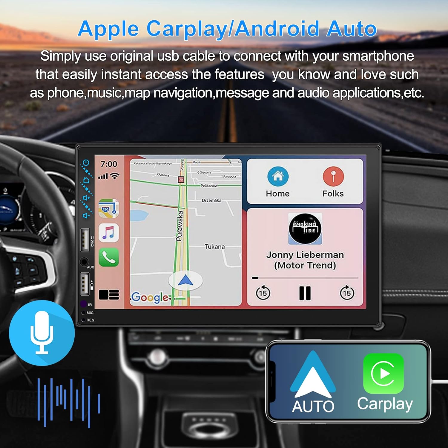 Car stereo display showing Apple CarPlay and Android Auto interfaces with navigation and music apps