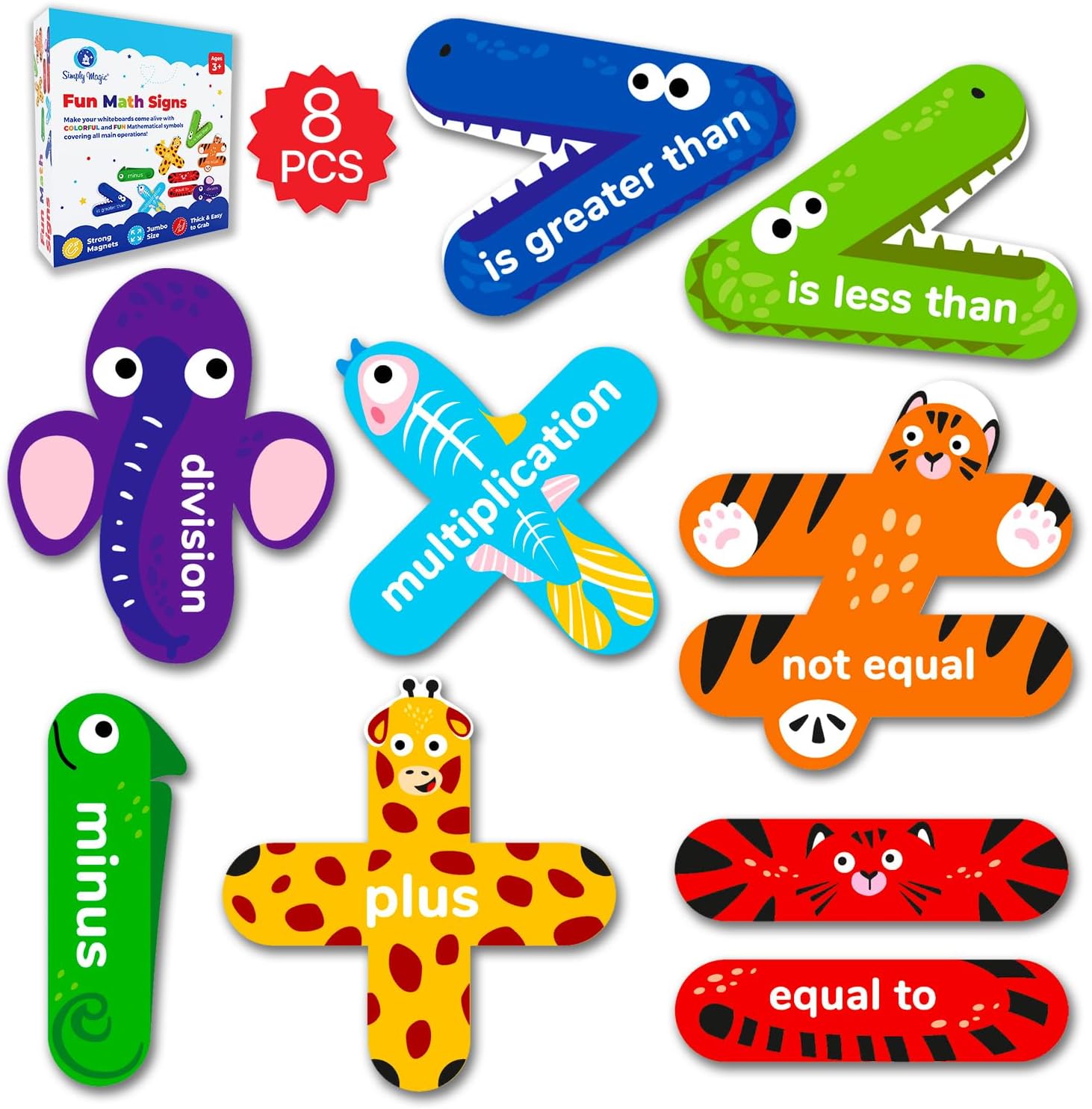 Simply Magic 8-Pack Fun Math Signs, Animal Math Magnets, Greater Than Less Than Alligator Sign Games, Teacher Supplies Classroom Elementary, Math Manipulatives 2nd 3rd 4th Grade, Magnetic Math Tools,