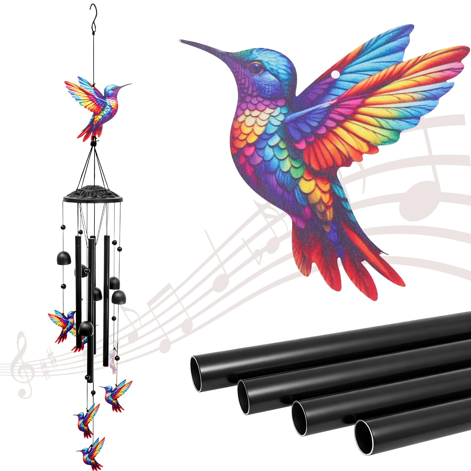 Bird Wind Chimes for Outside Outdoor Garden Windchimes with 4 Aluminum Tubes & 7 Birds Red Metal Bird Wind Chime Hanging Decor for Patio Garden Porch Backyard Birthday Thanksgiving Christmas (Black1)