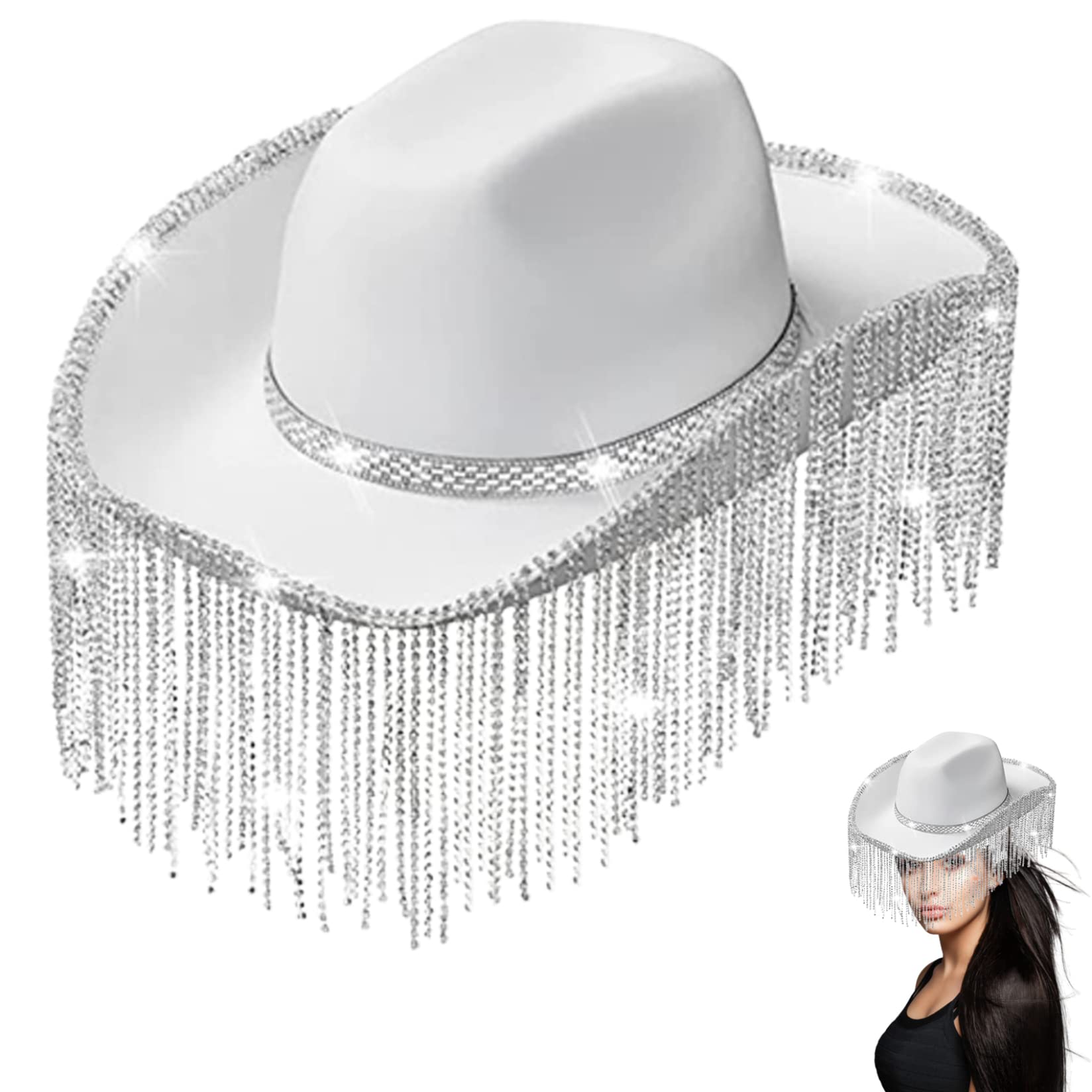 Budstfee Gombado de vaquero de novia, sombrero de vaquero, sombrero de vaquero blanco con flecos de imitación, sombrero de vaquero de borde ancho para mujeres accesorios para fiestas de disfraces,