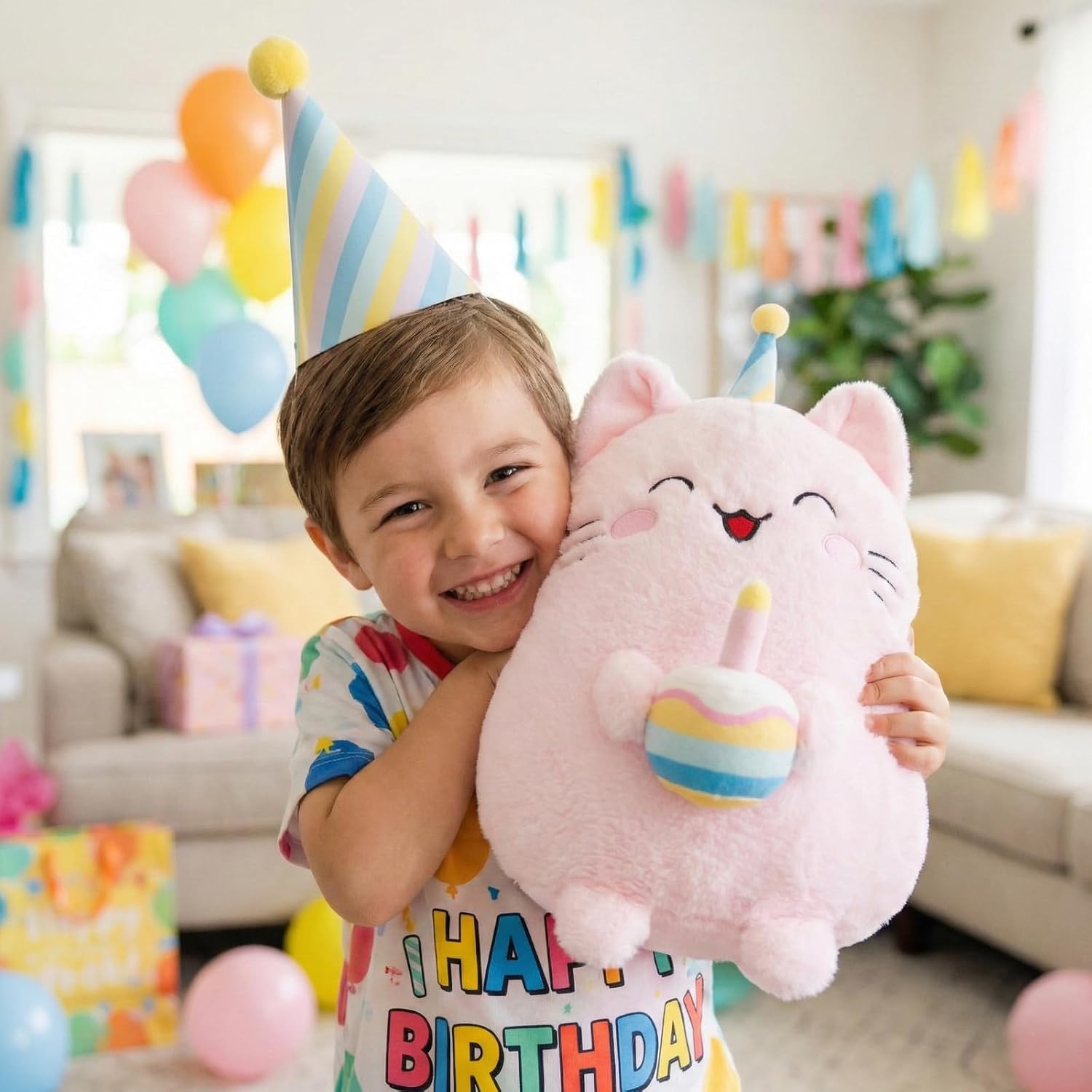 Adorable Pink Birthday Cat Plush Toy Pillow with Party Hat & Birthday Cake – Soft, Huggable, for Kids and Collectors, 15.75 inches