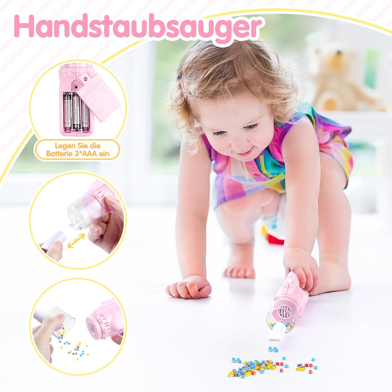 PLAY 2 in 1 Kinder Staubsauger Set, Elektrischer Staubsauger Spielzeug mit Eva-Granulat, Saugen und Soundfunktion, Staubsauger Putzset für Kinder, Jungen und Mädchen ab 3 Jahren (Rosa)