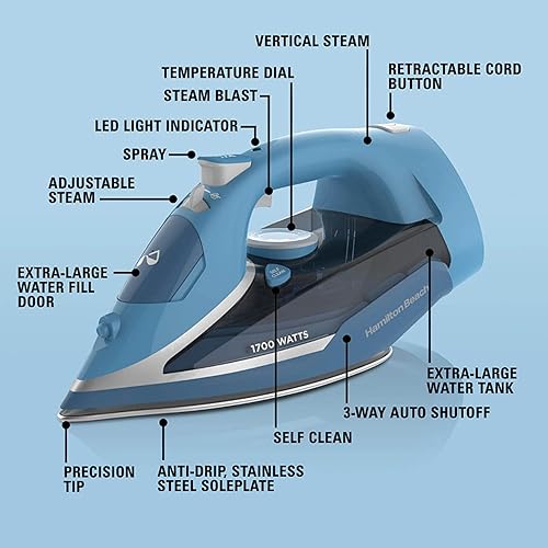 Miniatura 7 de Hamilton Beach Plancha de vapor para ropa y prendas de vestir con suela de acero inoxidable duradera, 1700 vatios para calor ultrarrápido, cable