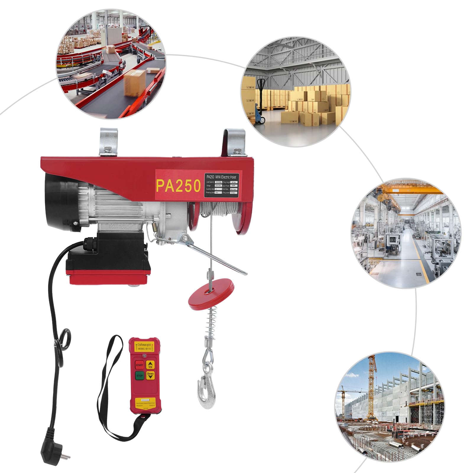 Paranco elettrico, 550 W, 250 kg/551,16 lbs (doppio cavo), 125 kg/275,58 lbs (cavo singolo) con telecomando senza fili, 2 ganci e corda metallica da 12 m/6 m, per agricoltura, fabbriche, dock, ecc