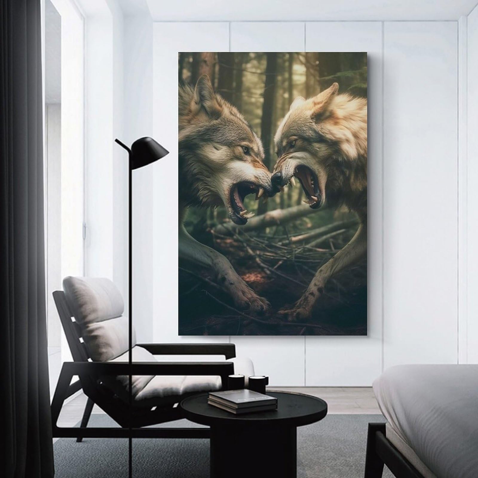 Junmoney Unframe-Style-7 Wolfs Fighting Canvas Wall Decor 24X36inch(60X90cm), For Study, Office Or Focused Interiors, Wall Art That Adds Style To Work Areas
