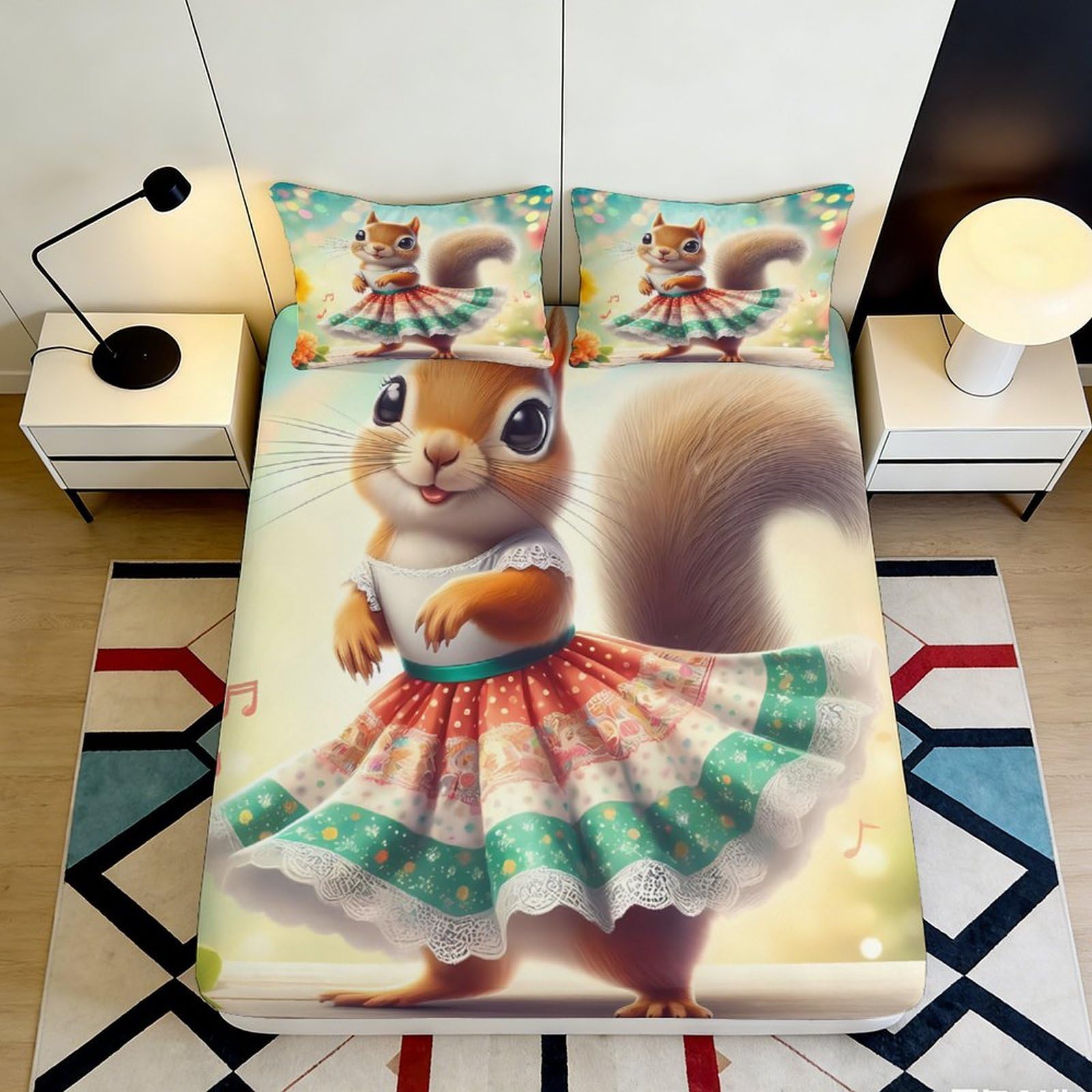 3D Printed Cute Squirrel Fitted Sheet Microfiber Deep Pocket Non-Slip Bedroom Bedding Squirrel Mattress Fitted Cover 180x200x25cm