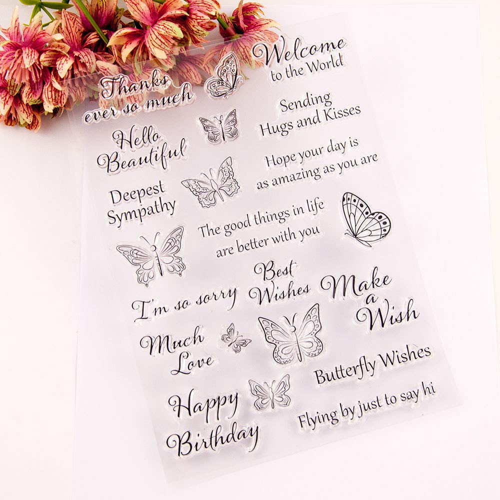 Tarjetas de sello de silicona transparente con sentimientos, flores, mariposas, patrón de palabras de felicitación para hacer tarjetas de vacaciones, decoración y álbumes de recortes, manualidades