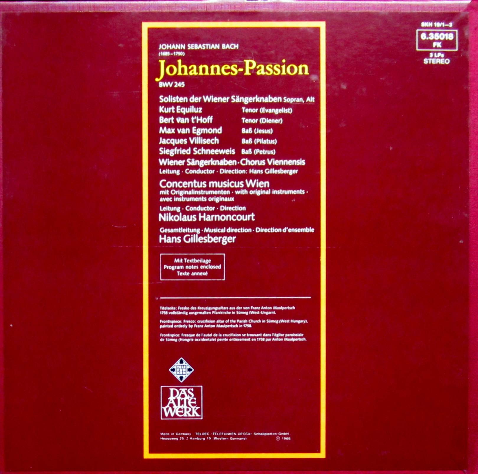 Bach: Johannes-Passion (erste Schallplattenproduktion in Originalbesetzung mit Originalinstrumenten) [Vinyl Schallplatte] [3 LP Box-Set]