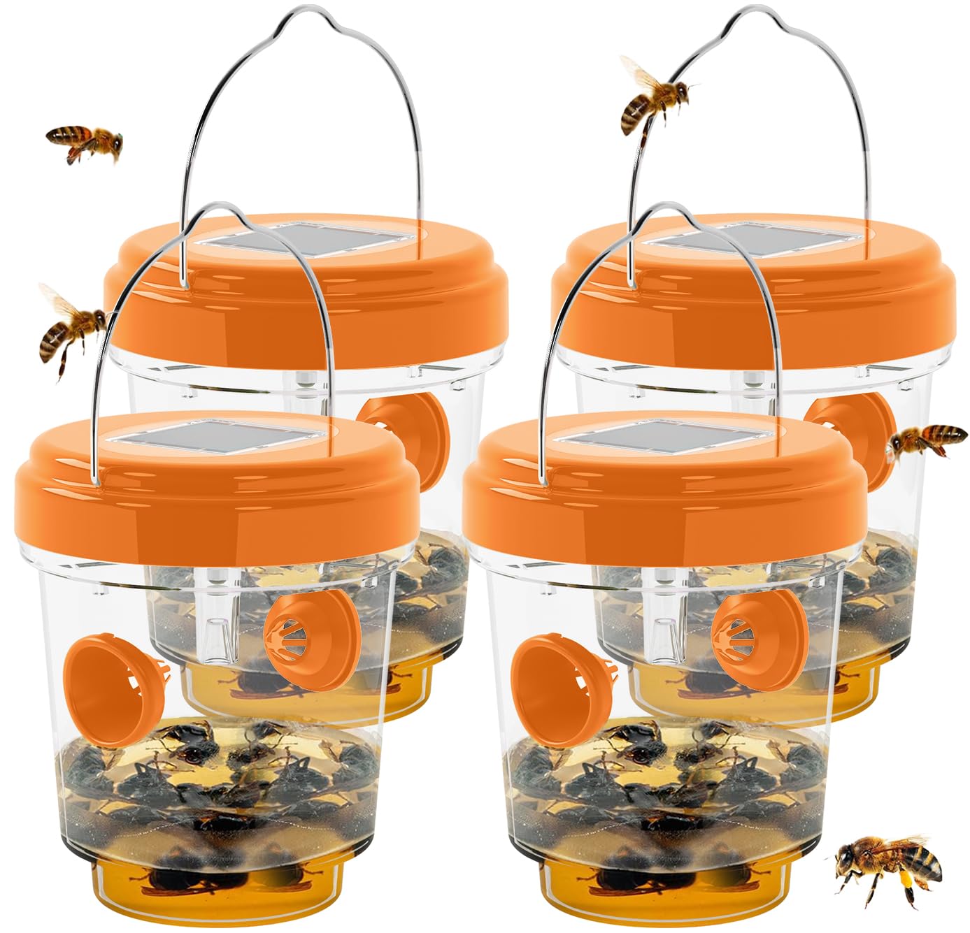 Wasp Trap Outdoor Hanging, Solar Powered Bee Trap Hornets Yellow Jacket Traps Reusable, 4 Packs (Jiermadun)