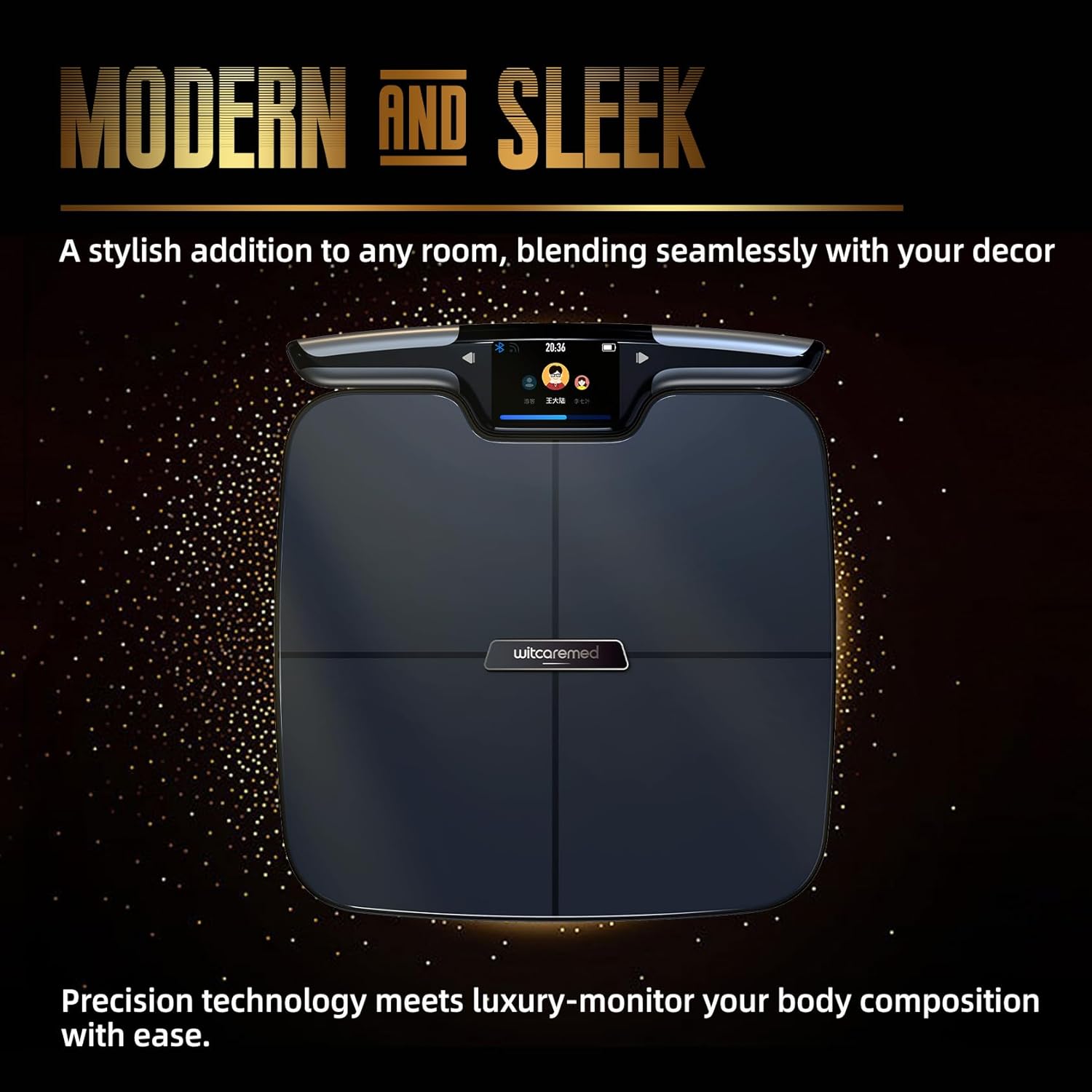 witcaremed Smart Scale display showing various metrics and app interface