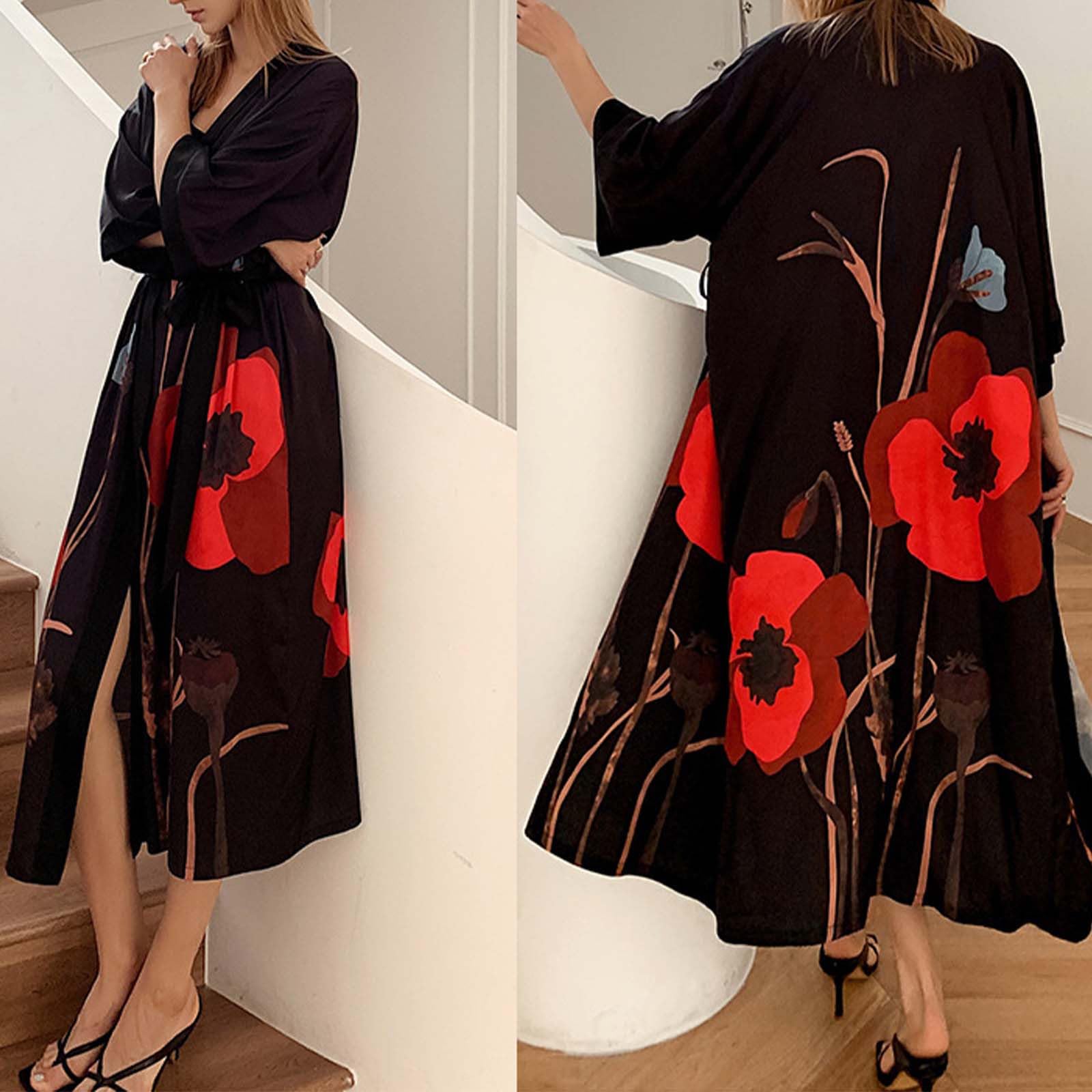 Generisch Lujoso kimono de satén con estampado floral para mujer, sensación fresca, manga 3/4, bata, ropa de dormir