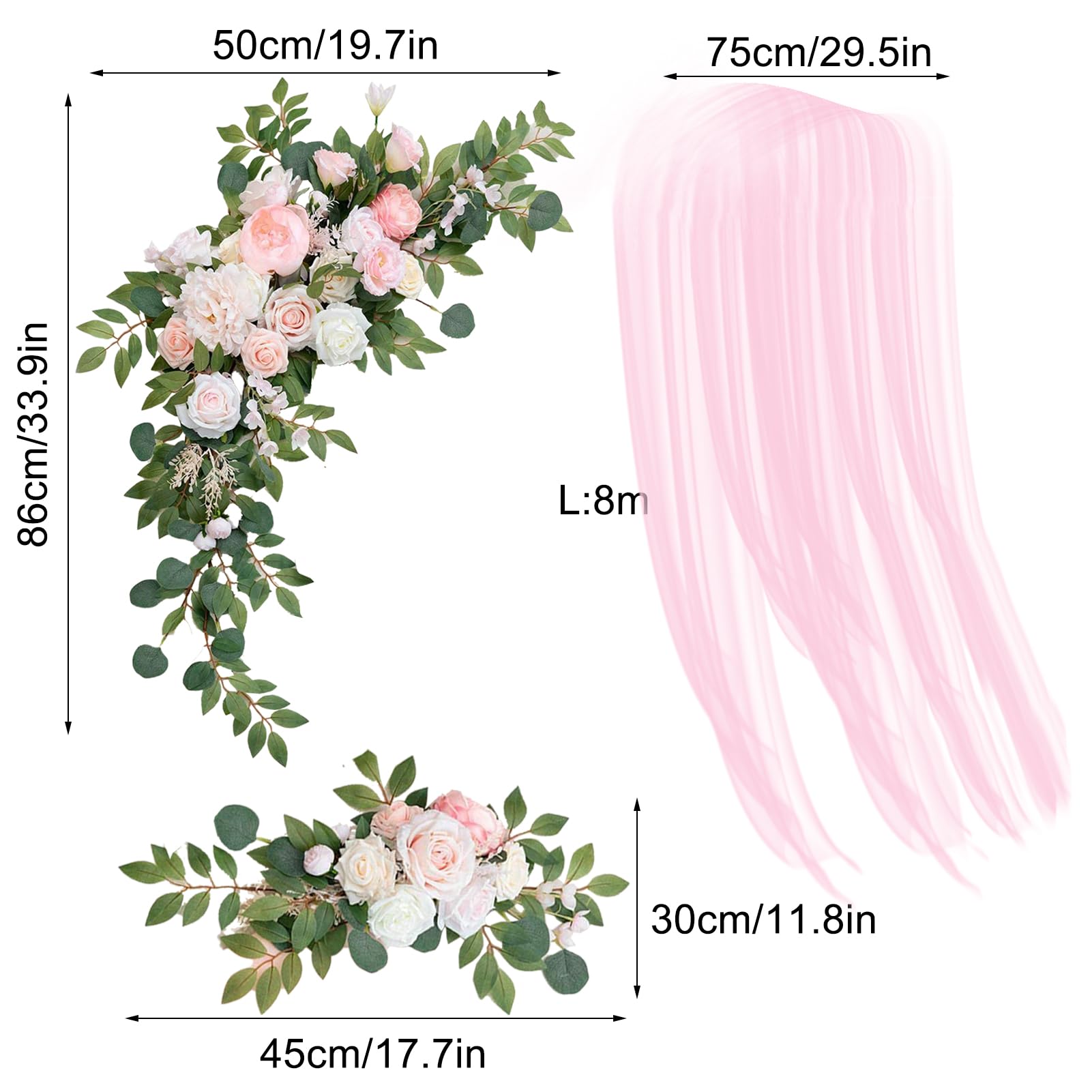BEIJIALY Künstlicher Hochzeitsbogen, Blumen-Set, Hochzeitsbogen-Dekoration, 2 Künstliche Blumenbogen-Dekoration und 1 Transparenter Vorhang für die Hochzeitszeremonie, Blumen-Swag-Arrangement(Rosa)