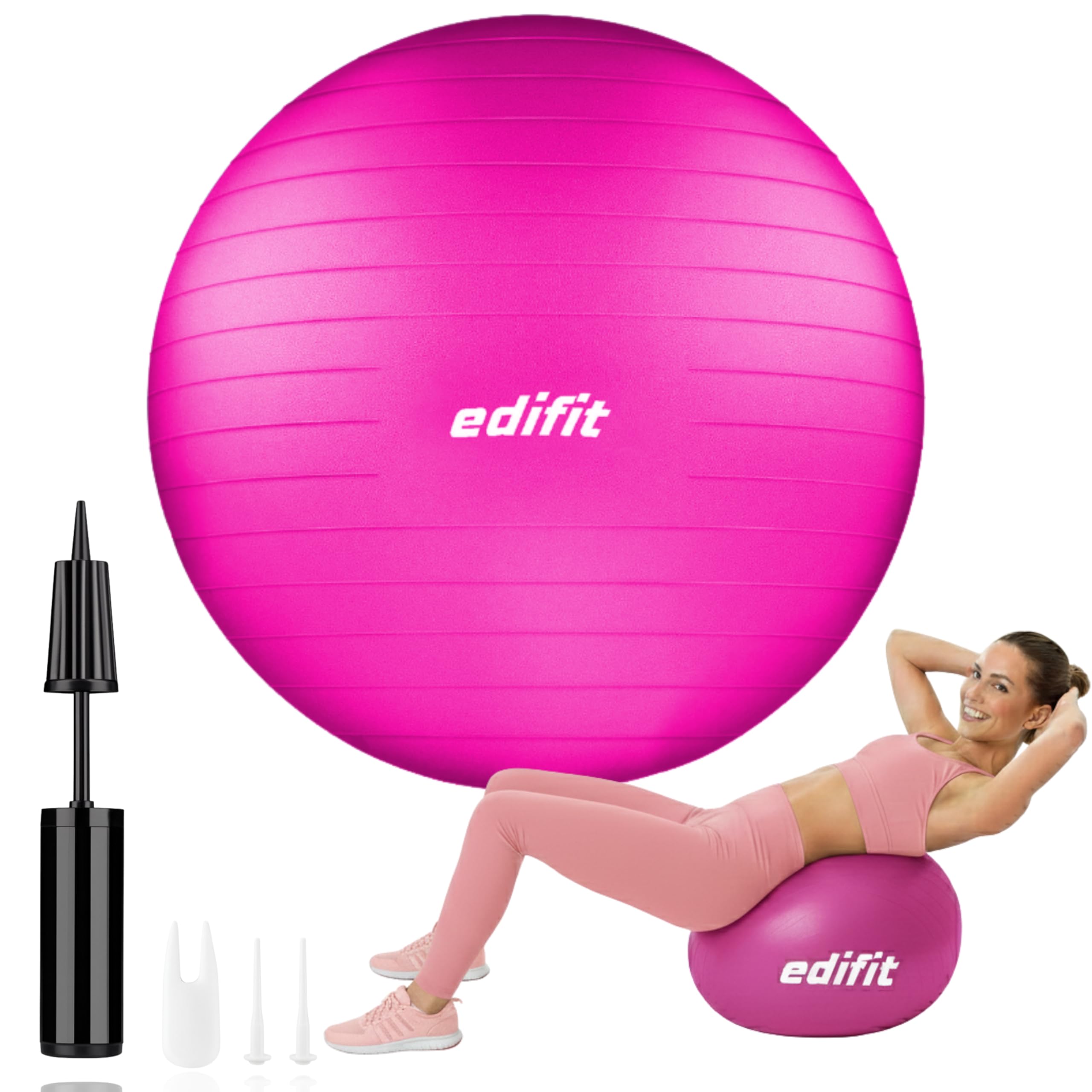 EDIFIT, Palla Fitness, 55, 65 e 75cm, Pilates Attrezzi Casa, Incluso il Gonfiatore, Fitball, Yoga Accessori, Palla Gravidanza, Ginnastica Ritmica (65cm, Rosa)