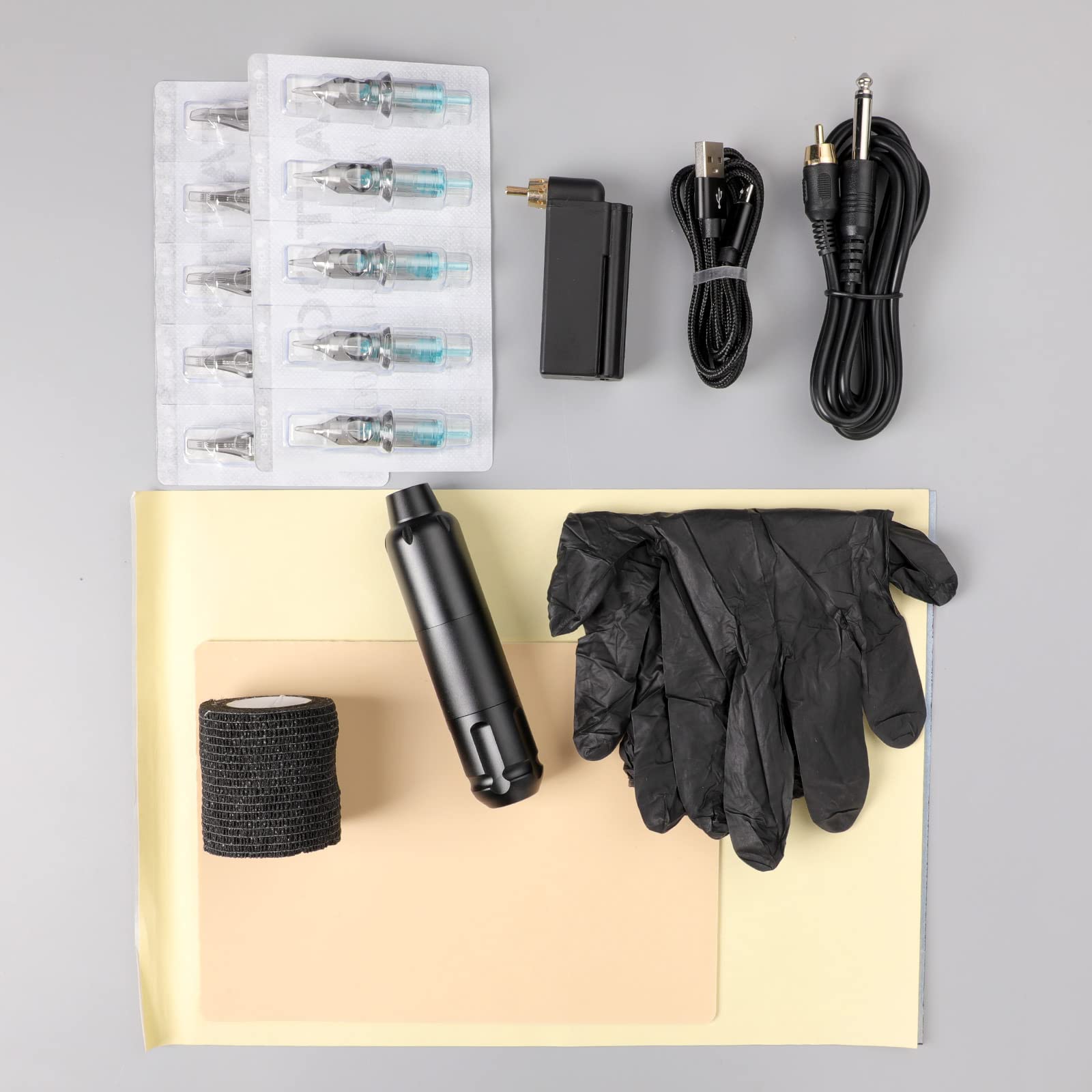 Set di attrezzatura per tatuaggio rotativo senza fili con penna motore e alimentatore wireless, kit completo per macchinetta per tatuaggi con aghi per cartucce miste,Grigio