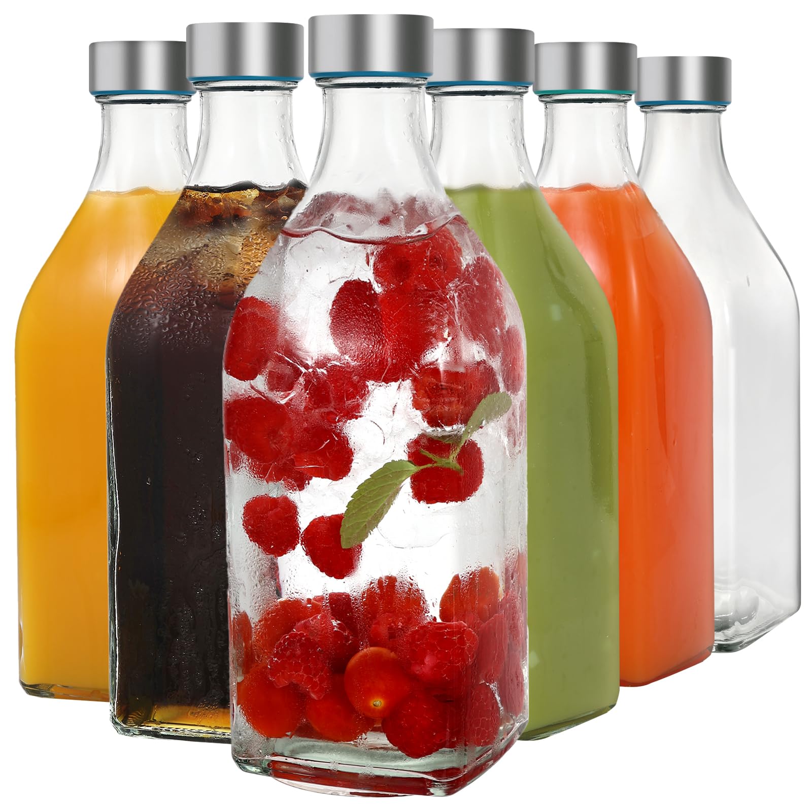 LIMILI Glass Bottles, 1 litre Glass Water Bottle with Stainless Steel Lids, Leak Proof Reusable for Hot Cold Drinks Party Home Kitchen (6pcs)