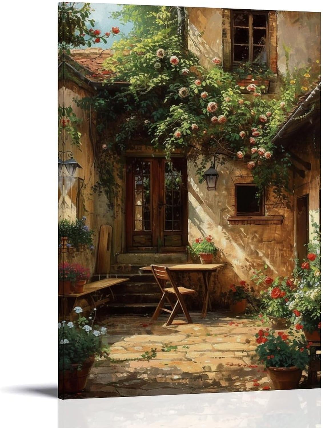 Vintage Courtyard Canvas Painting Wall Art Wood Furniture And Potted Plants Landscape Poster Print Artwork Picture for Bedroom Room Decor 08x12inch(20x30cm) Frame-color-5