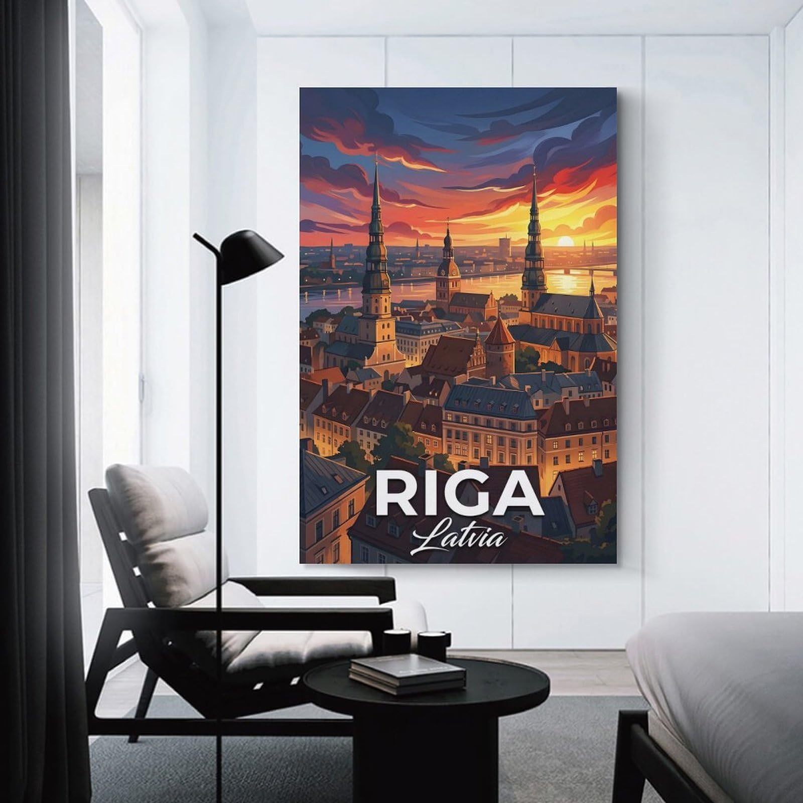 Junmoney Riga, Latvia Sunset Cityscape Hanging Wall Art, 20x30inch(50x75cm), for Bedroom, Guest Room Or Reading Nook, Home Artwork with A Soft Interior Feel