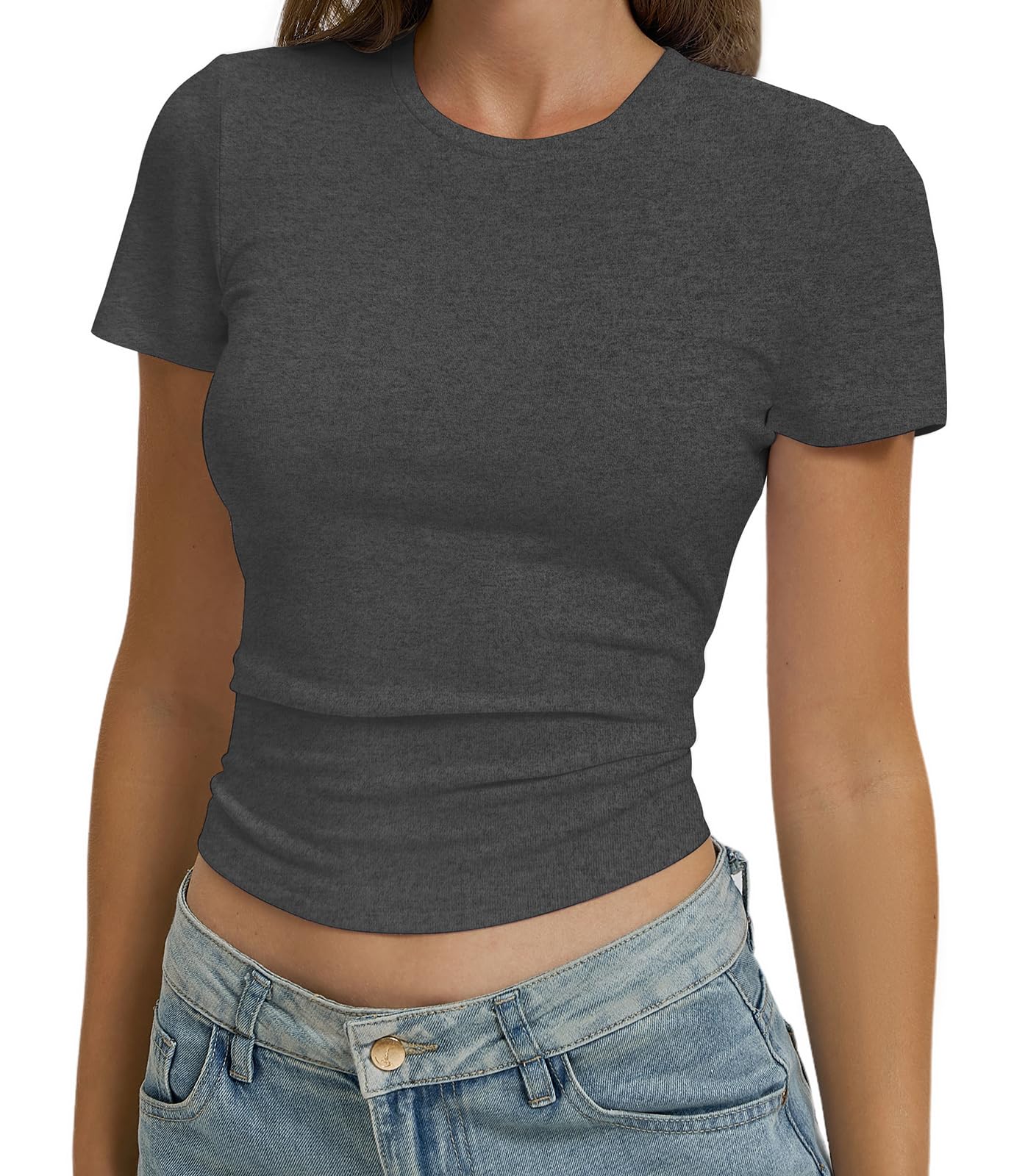 Women Casual Basic T Shirts Top Y2k Crop Tops Trendy Tight Tshirts Tee Slim Fit Clothes