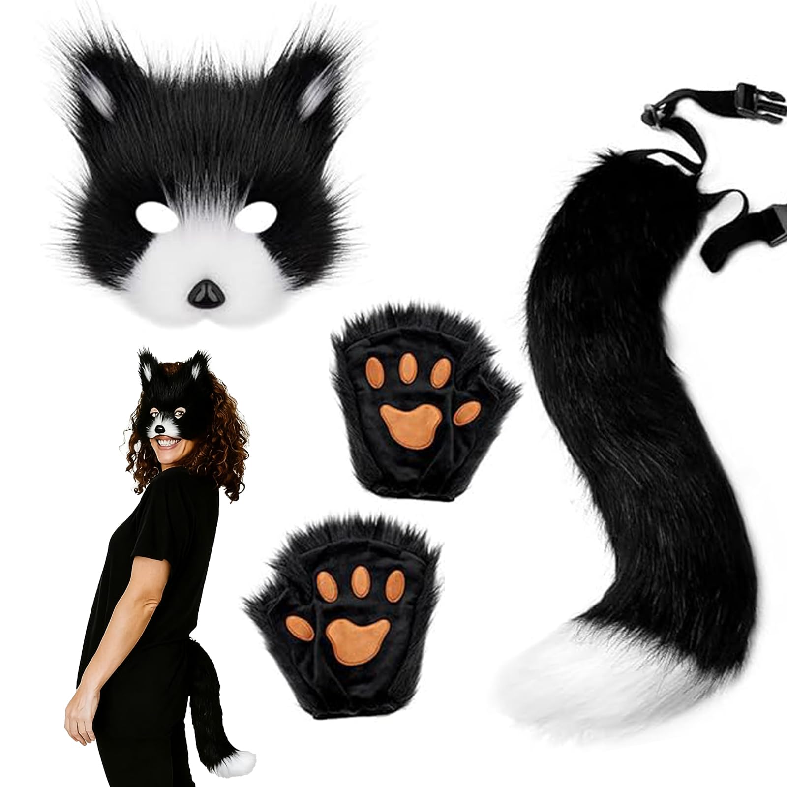 Yoolhamy Fox furry Tail Cat Wolf Cosplay Plush Mask Paw Gloves Set Faux Fur Costume for Halloween Book Day, Role Play (Black, One Size)