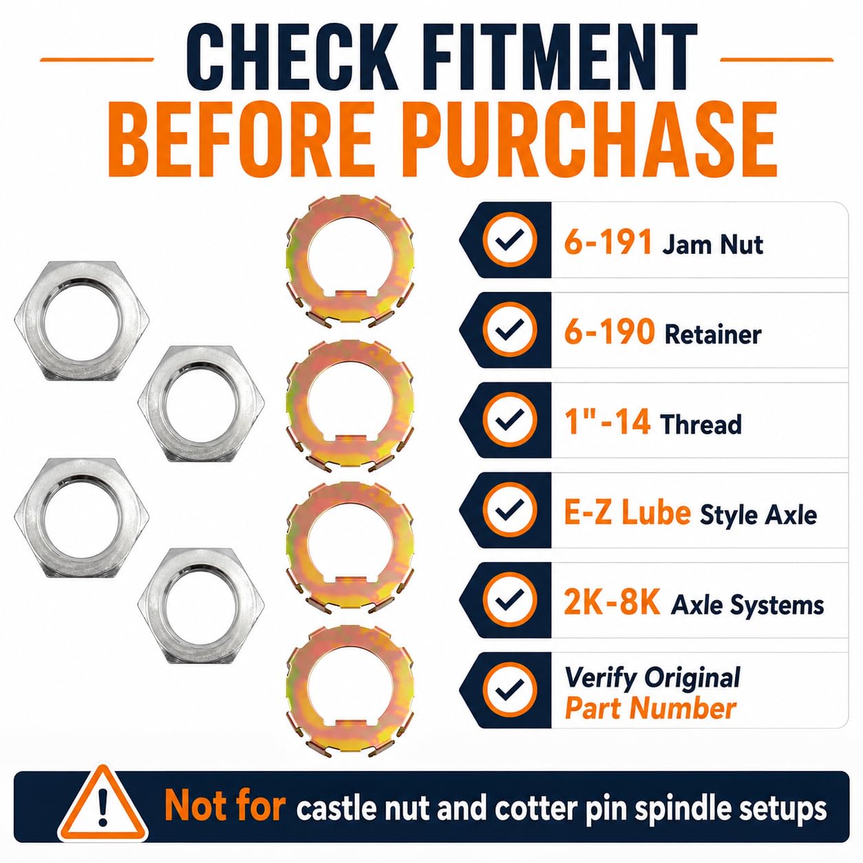 6-191 Trailer Axle Spindle Jam Nut & 6-190 Retainer Kit, 4 Sets Zinc-Plated Steel Hardware Compatible with Dexter E-Z Lube 2K-8K Axles, 8K After Aug 2003