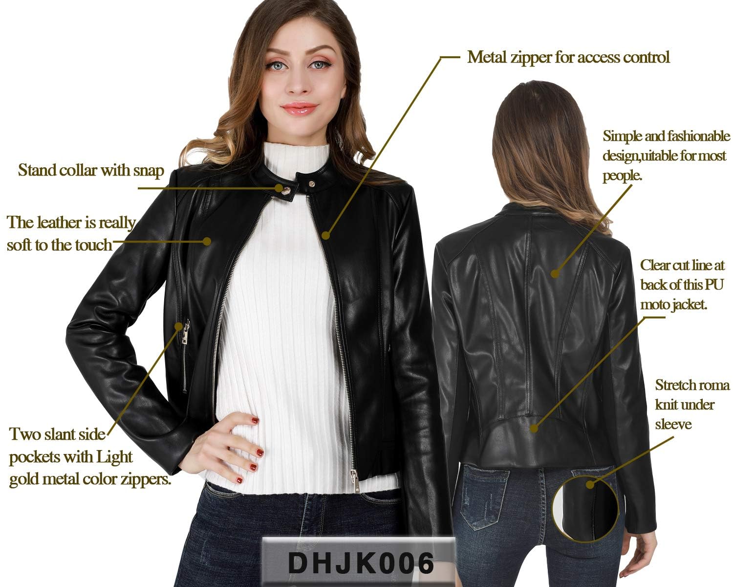 DIASHINY Veste en similicuir pour femme, manteau de motard zippé, vêtements d'extérieur courts en PU pour moto