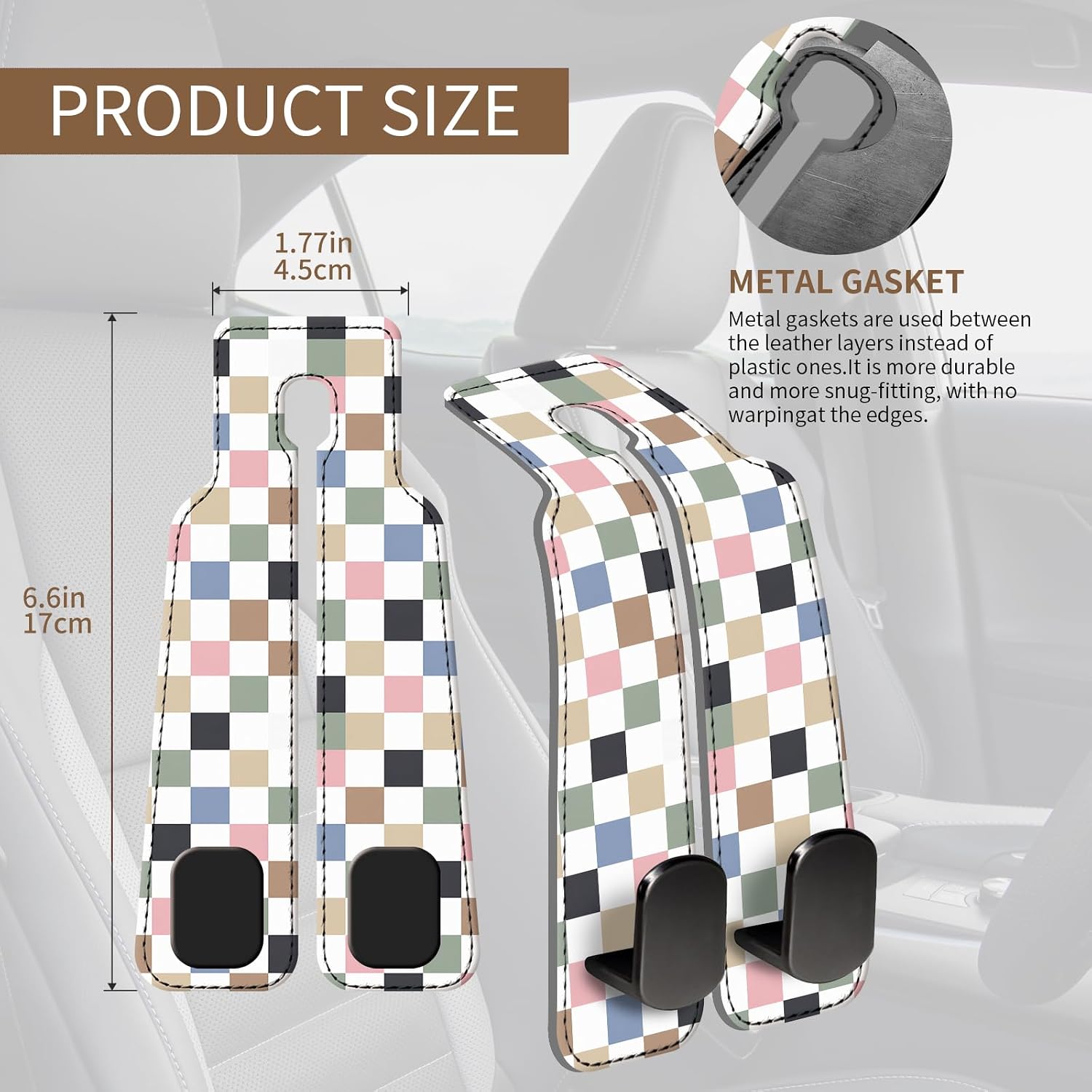 Leather Purse Hook for Car, Universal Cute Car Seat Headrest Hooks, Heavy Duty Vehicle Organizer for Handbags, Funny Car Interior Accessories Colorful Cute Checkerboard image 5