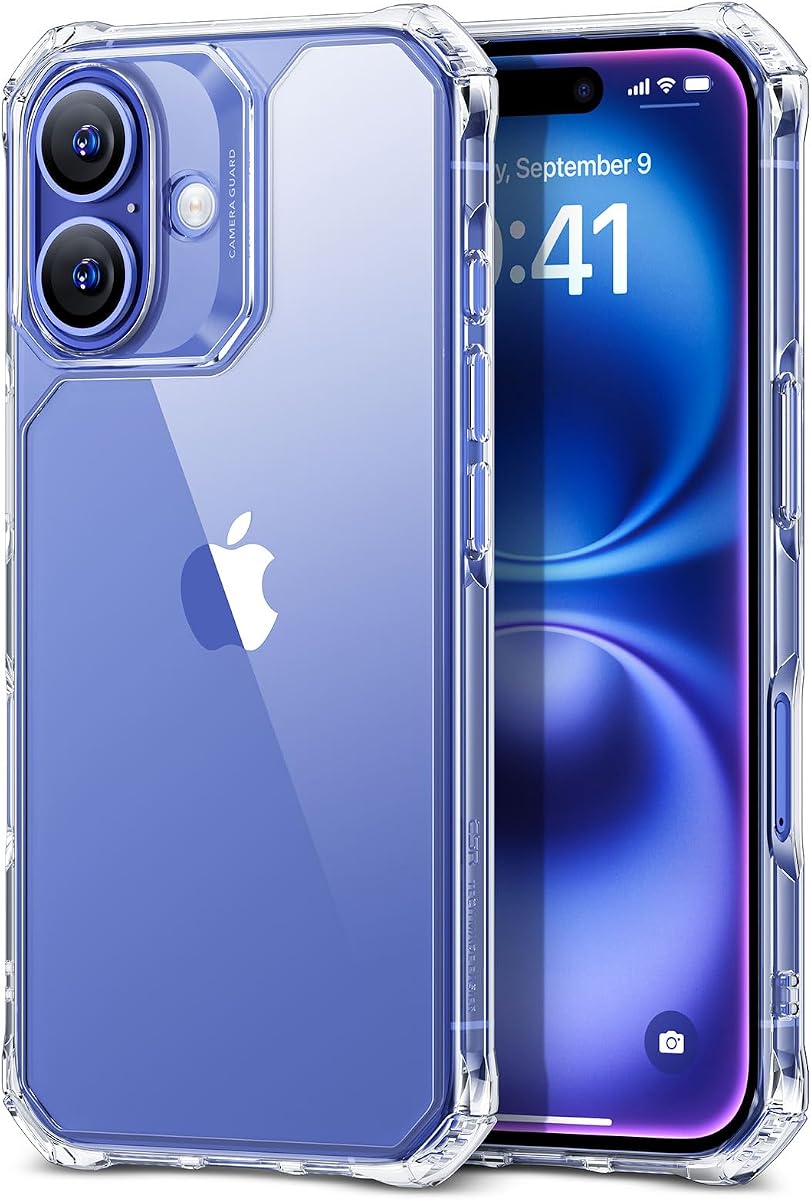 Funda ESR para iPhone 16, esquinas que absorben los golpes, transparente | Protección contra caídas de grado militar, Esquinas Air Guard a prueba de golpes, Protección de borde elevado, Resiste rayones
