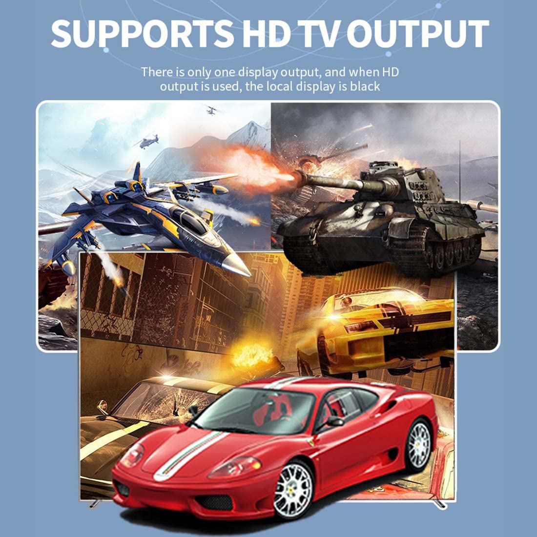 Image showing the OYDL X28 console connected to a TV, displaying game content, with a note about the console's screen turning black during HDMI output.