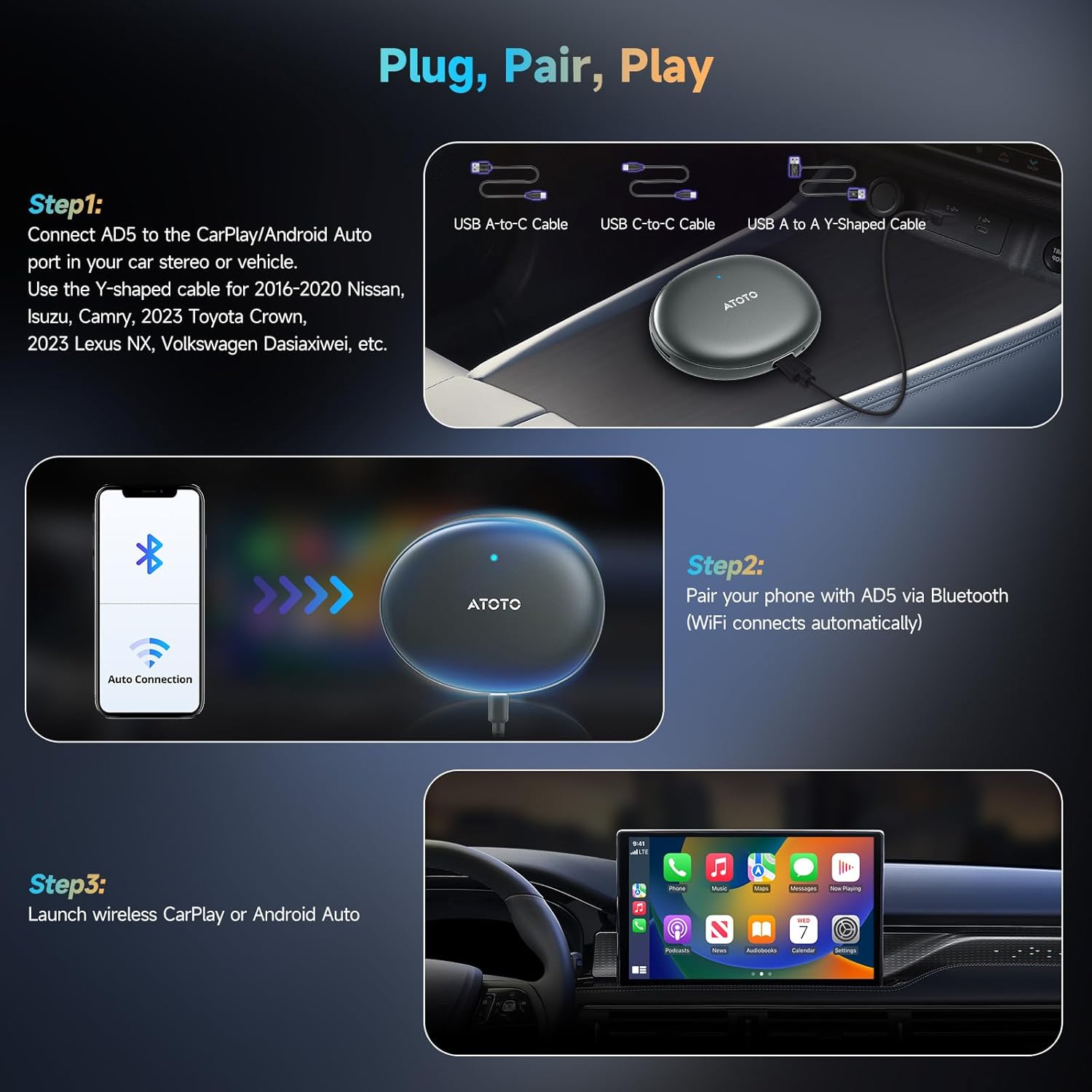 ATOTOSELECT AD5 Plug, Pair, Play setup steps