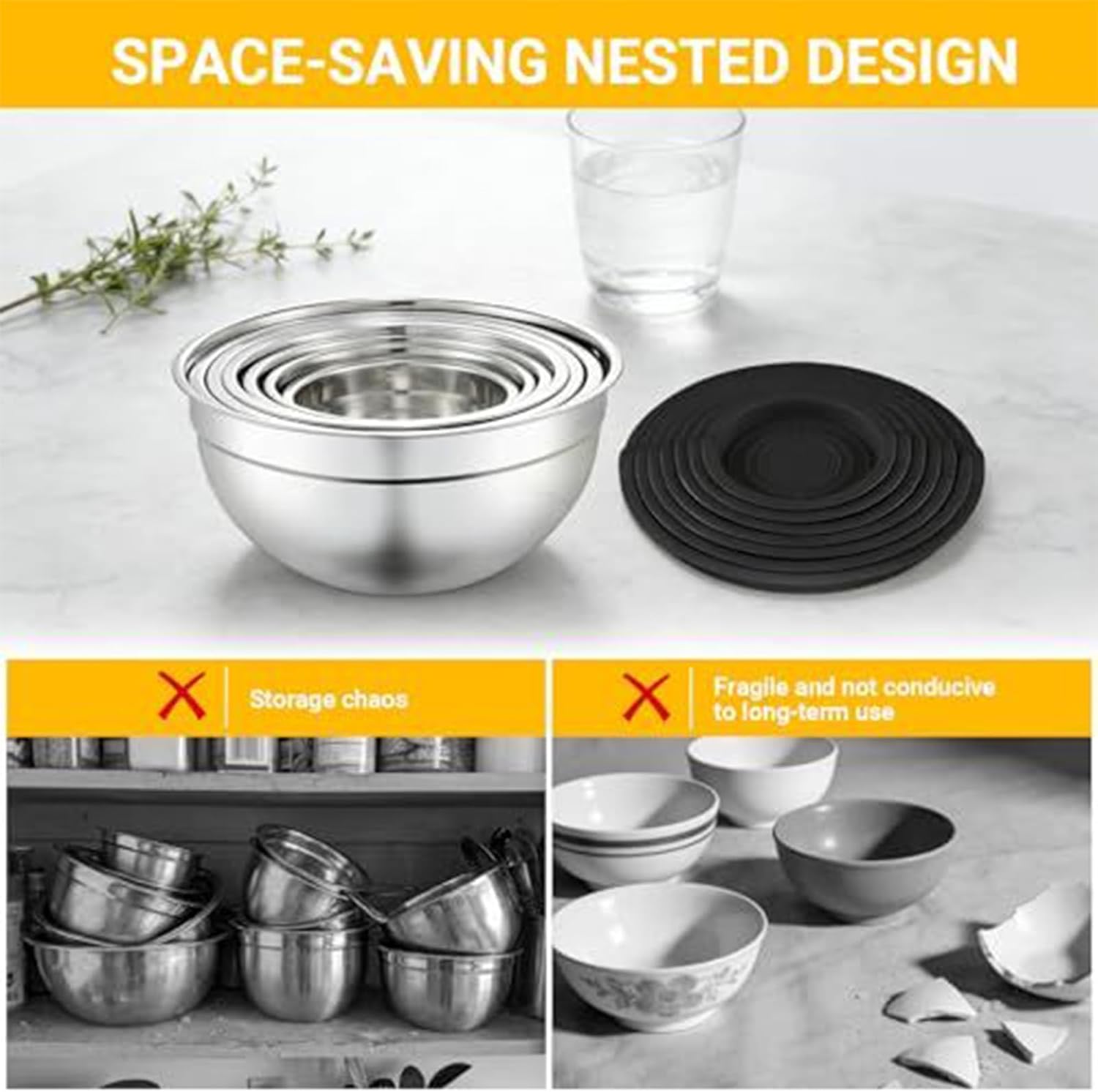 Stainless Steel Mixing Bowls, 7 Nesting Prep Set, Airtight Lidded Kitchen Containers, Multi-Function Bowls with Food Safe Design, Cooking Storage Preparation, Snacks Eggs Vegetables Dough