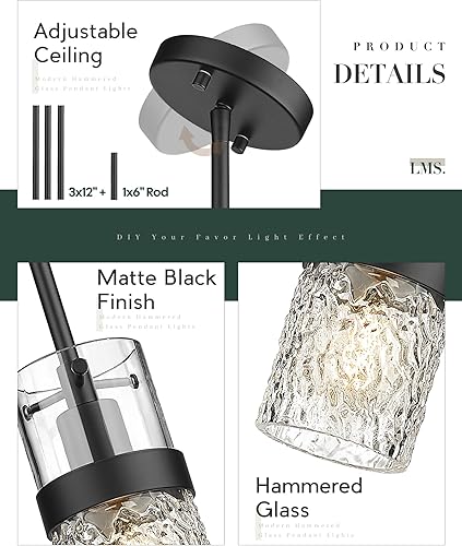 Miniatura 2 de LMS Luces colgantes negras, iluminación colgante industrial moderna para isla de cocina con vidrio martillado, LMS-172