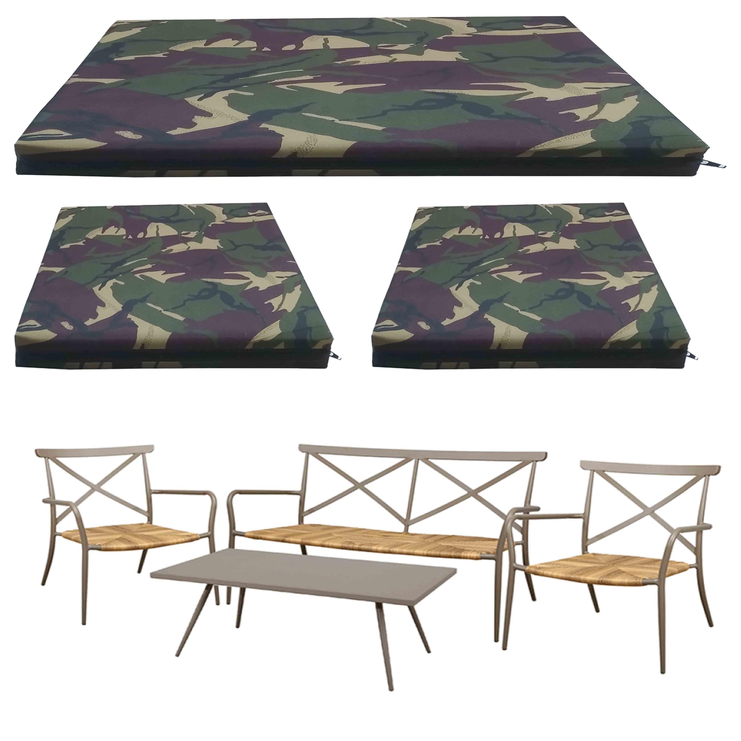 GRIZZLY FOAM Waterproof Replacement Cushion Set for Rattan Chairs 3pc Outdoor Indoor Garden Furniture Removeable Zipped Cover Ask Any Customize Size (Army Camouflage, 18x37x2inch 17x19x2inch)