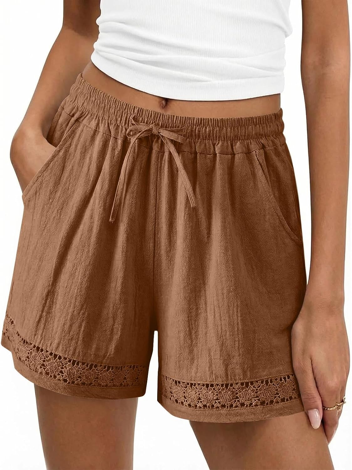 Women’s Linen Shorts Elastic Waist Drawstring Casual Shorts with Crochet Lace Hem Summer Loose Fit Beach Clothes