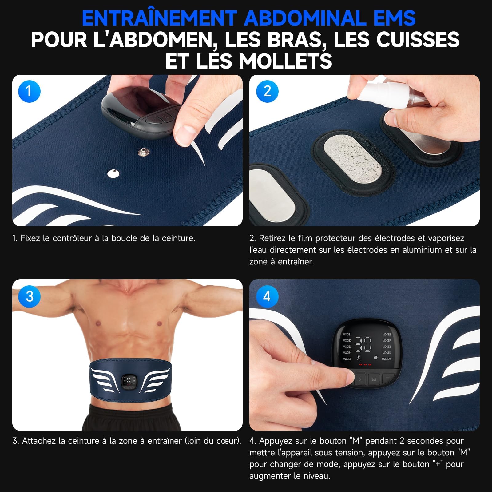 Profey EMS Appareil de Musculation pour abdominaux, électrodes en Aluminium, 10 Modes, 30 Niveaux
