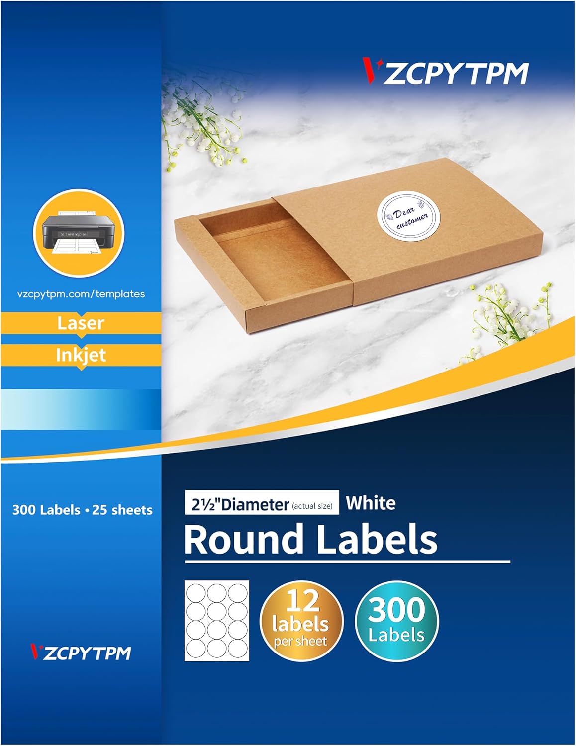 Printable Round Labels 2.5" Diameter,300 White Sticker,Blank Labels for Printer,Shipping,File Folder Use,Inkjet & Laser Compatible
