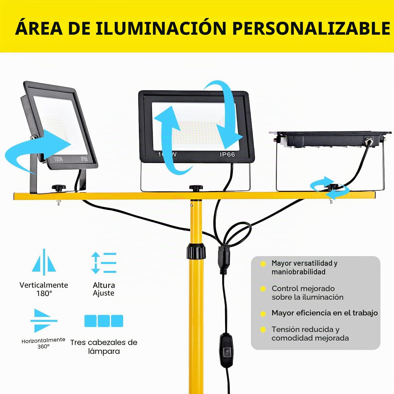 Foco de Trabajo LED 300W con Trípode Telescópico, 30000LM 6500K Foco de Trabajo LED con Enchufe Cable de 3m, Rotación de 360°, IP66 Impermeable Luz de Trabajo para Taller, Obras, Garaje
