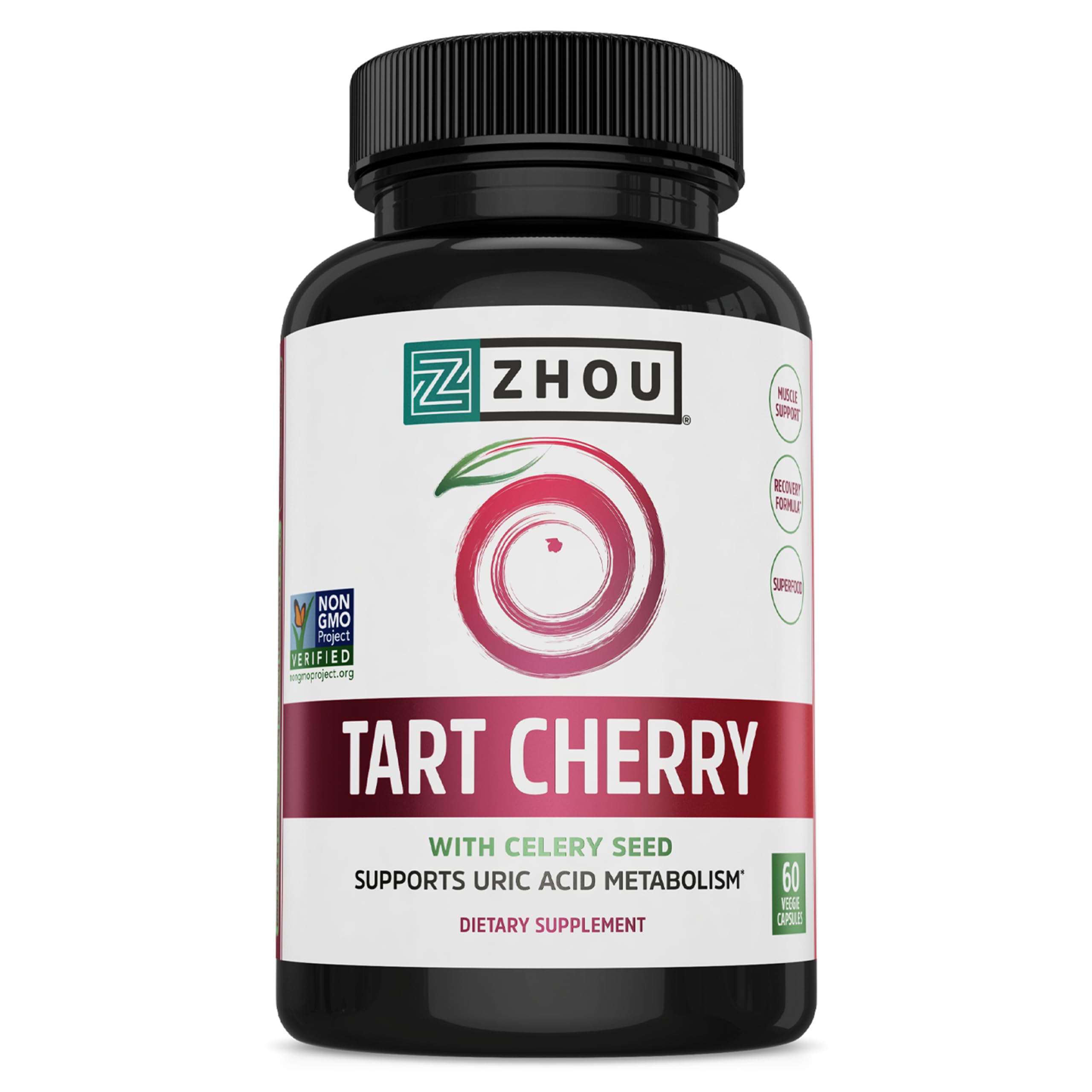 Zhou Tart Cherry Extract Plus Celery Seed - Tart Cherry Capsules for Men & Women, Muscle Recovery and Uric Acid Metabolism Support - 1000 mg Per Pill - 30 Servings, 60 Veggie Capsules (Pack of 1)