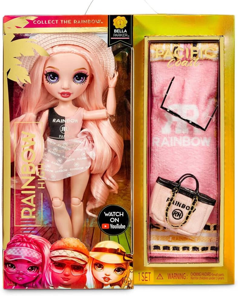 Rainbow High Pacific Coast Bella Parker- Pink Fashion Doll with 2 Designer Outfits, Pool Accessories Playset, Interchangeable Legs, Toys for Kids, Great Gift for Ages 6-12+ Years