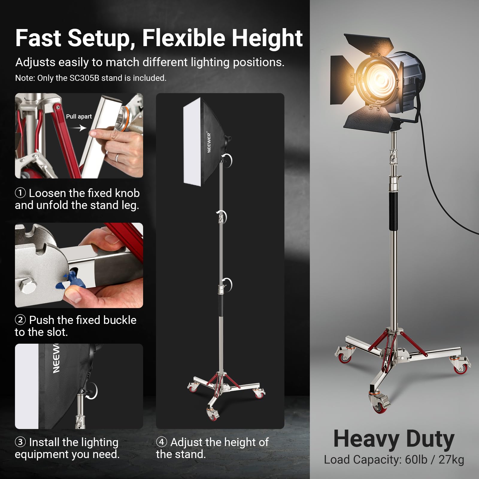 NEEWER BASICS SC305B statyw fotograficzny z kółkami, 100% stal nierdzewna, wytrzymały statyw do stroboskopu LED, pierścień świetlny, monolight, softbox, maksymalne obciążenie 29 kg