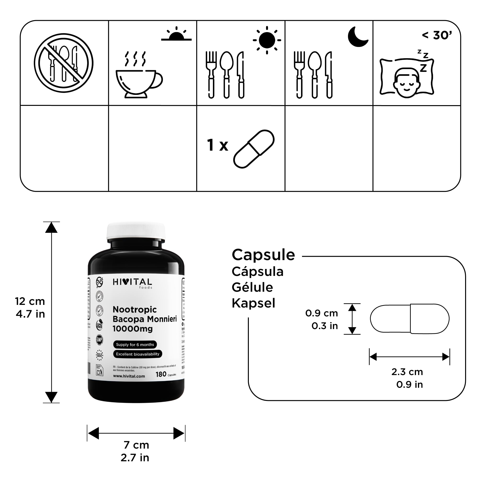 Nootropique Bacopa Monnieri 10000 mg. 180 gélules pour 6 mois de traitement. Nootropique naturel avec L-Tyrosine et Caféine. Fabriqué en Europe par HIVITAL