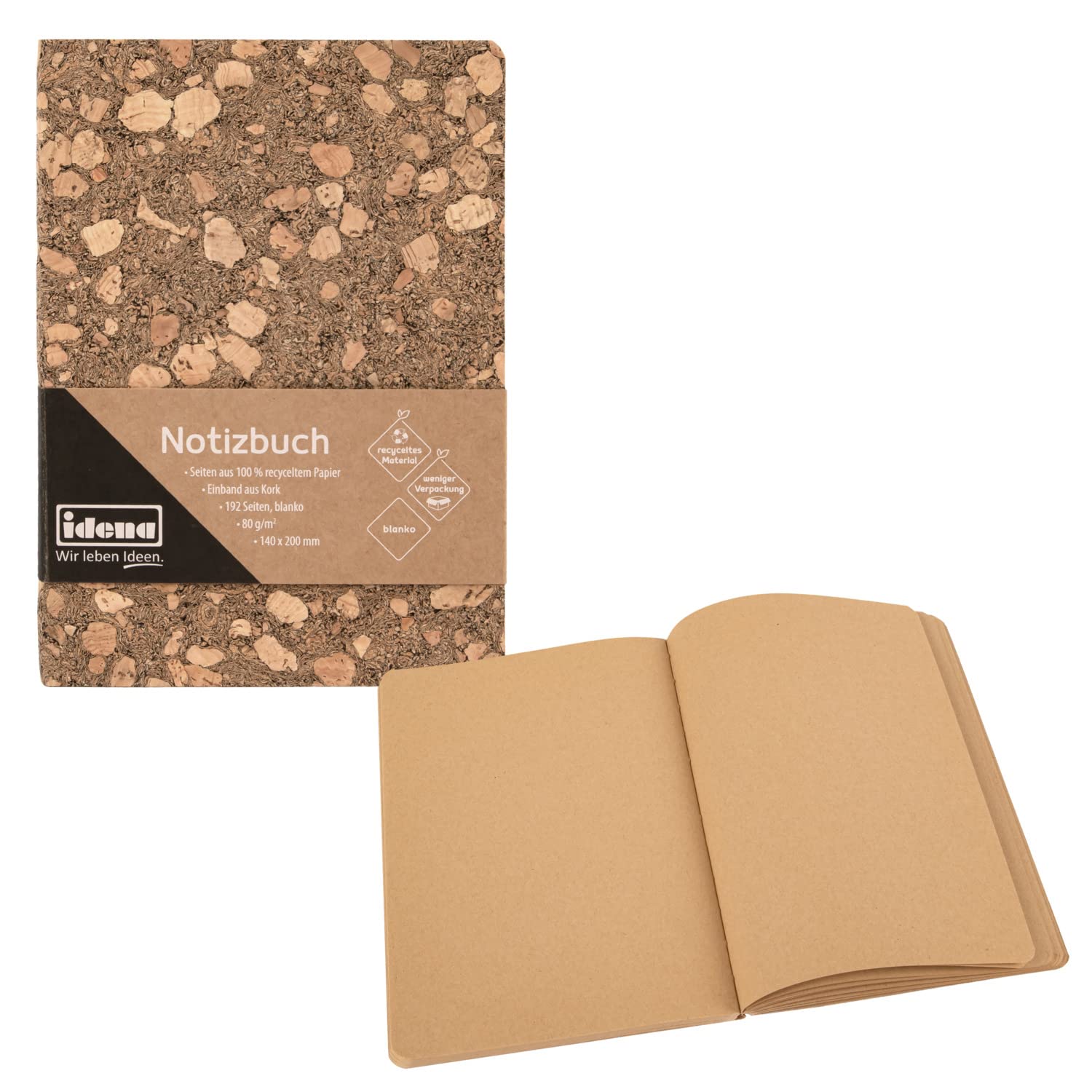 Idena 12253 Notebook 20 x 14 cm Blank 192 Pages 100% Recycled Paper Cork Cover 80 g/m² Pack of 1, brown - Image 3