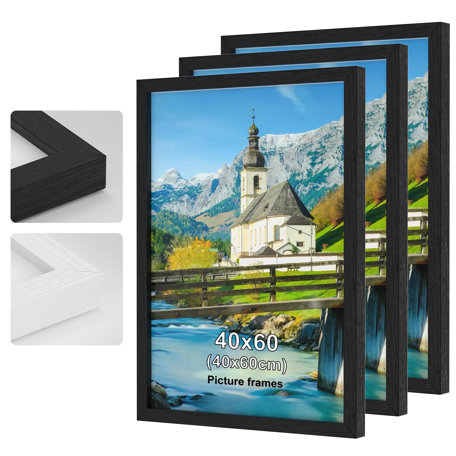 3Pack 40x60 Picture Frame, Black Wooden Picture Frames, 15.7x23.6in Photo Frame with Perspex Glass,With Stand and Wall Mountable Horizontal or Vertical Wall Mounting Bedroom and Living Room Decoration