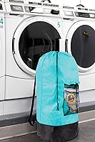 Vista 4 de Mochila de lavandería con correas, resistente para estudiantes universitarios, viajes Bolsas portátiles para cestas de lavandería, Turquesa