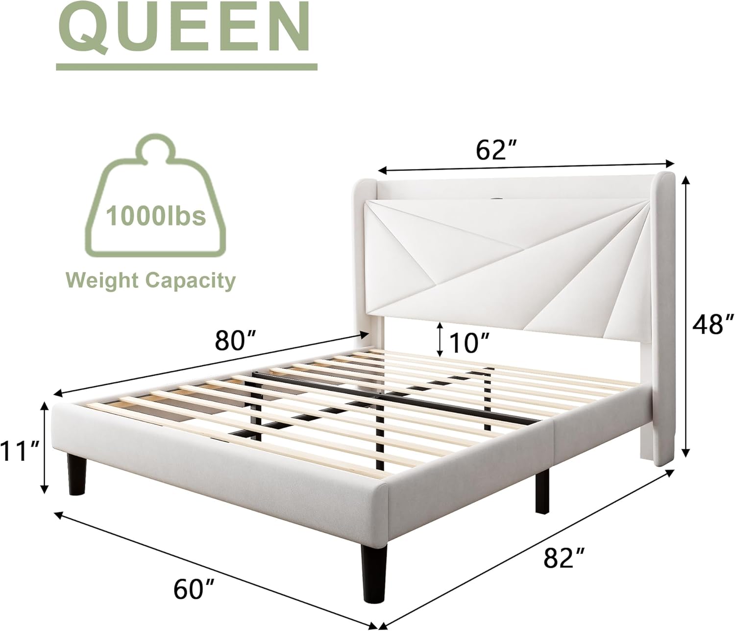 Feonase Queen Size Bed Frame with Charging Station, Velvet Upholstered Platform Bed Frame with Wingback Storage Headboard, Solid Wood Slats Support, No Box Spring Needed, Noise Free, White - Image 2