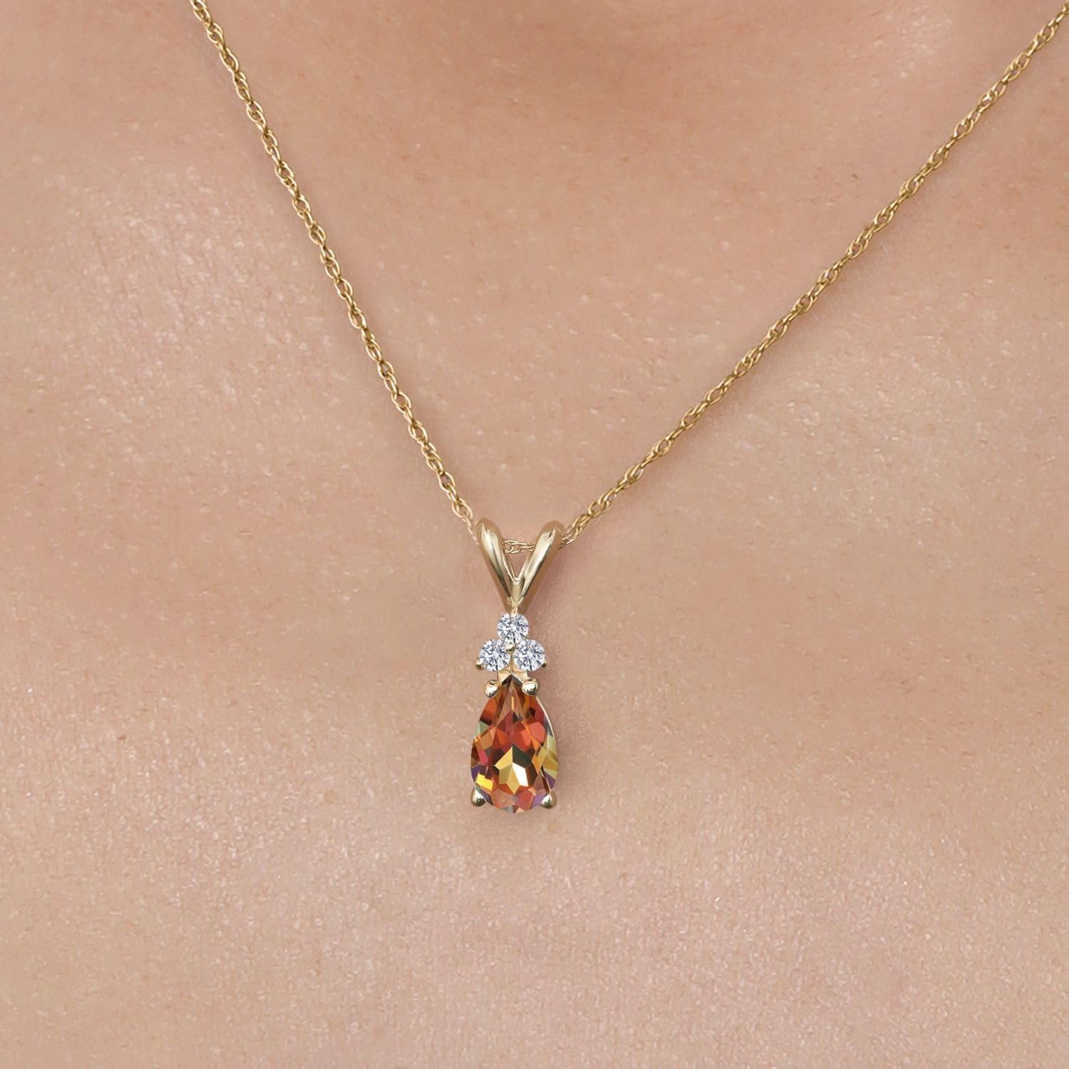 Gem Stone King 14K Yellow Gold 8X5MM Pear Shape Gemstone Birthstone and White Lab Grown Diamond Teardrop Pendant Necklace | Gold Necklace for Women | 18 Inch Gold Chain