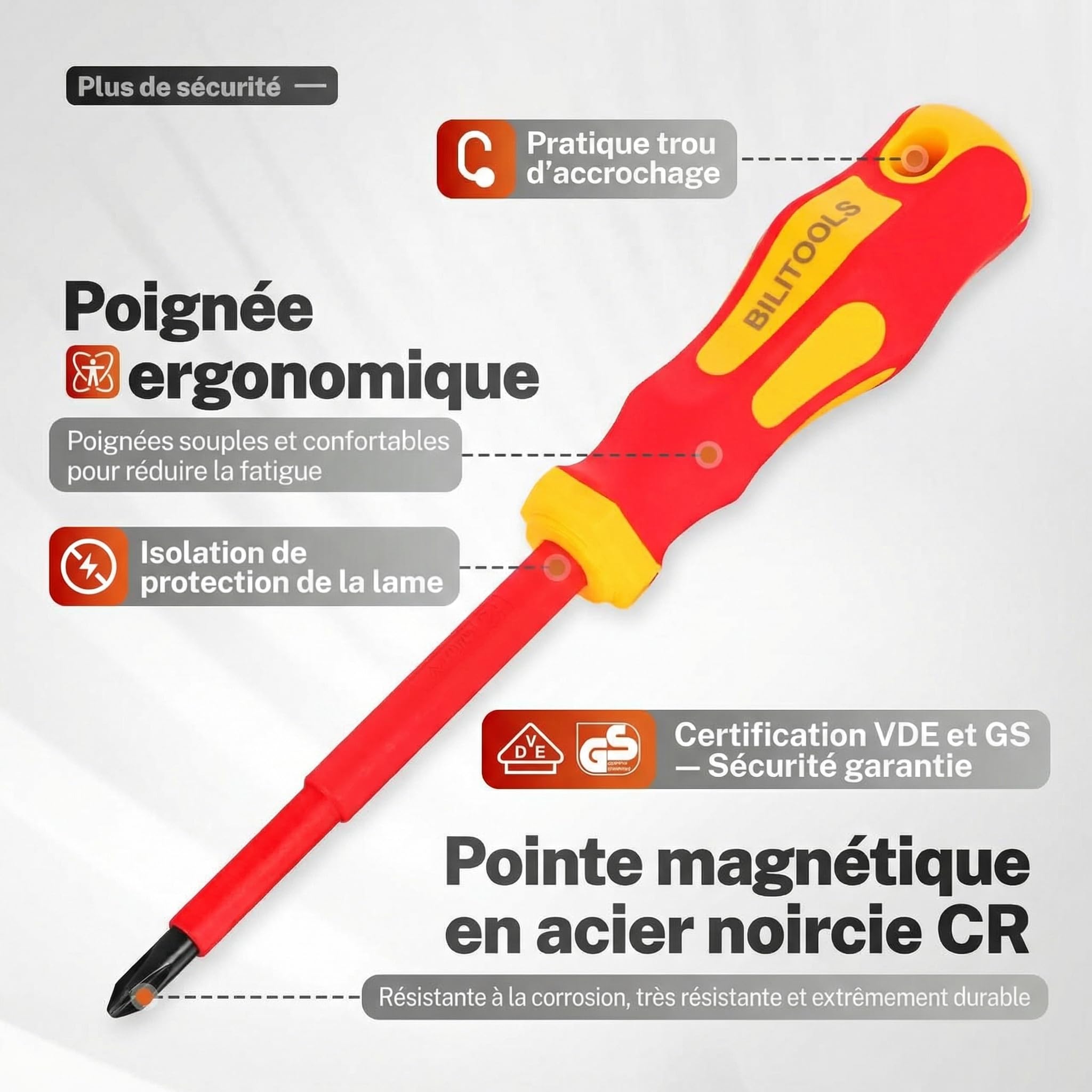 BILITOOLS Tournevis Electricien 9 Pièces Coffret de Tournevis Isolés 1000V VDE/GS avec Testeur de Tension – Outillage Électrique Professionnel avec 8 Embouts Magnétiques