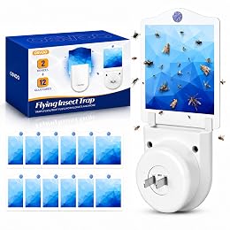 Fruit Fly Traps for Indoors (2 Devices and 12 Glue Cards), Plug in Flying Insect Trap Bug Catcher with Blue UV Light for Gnats, House Flies, Moths, Fly Catcher 400 Sq Ft Coverage Home/Kitchen Use